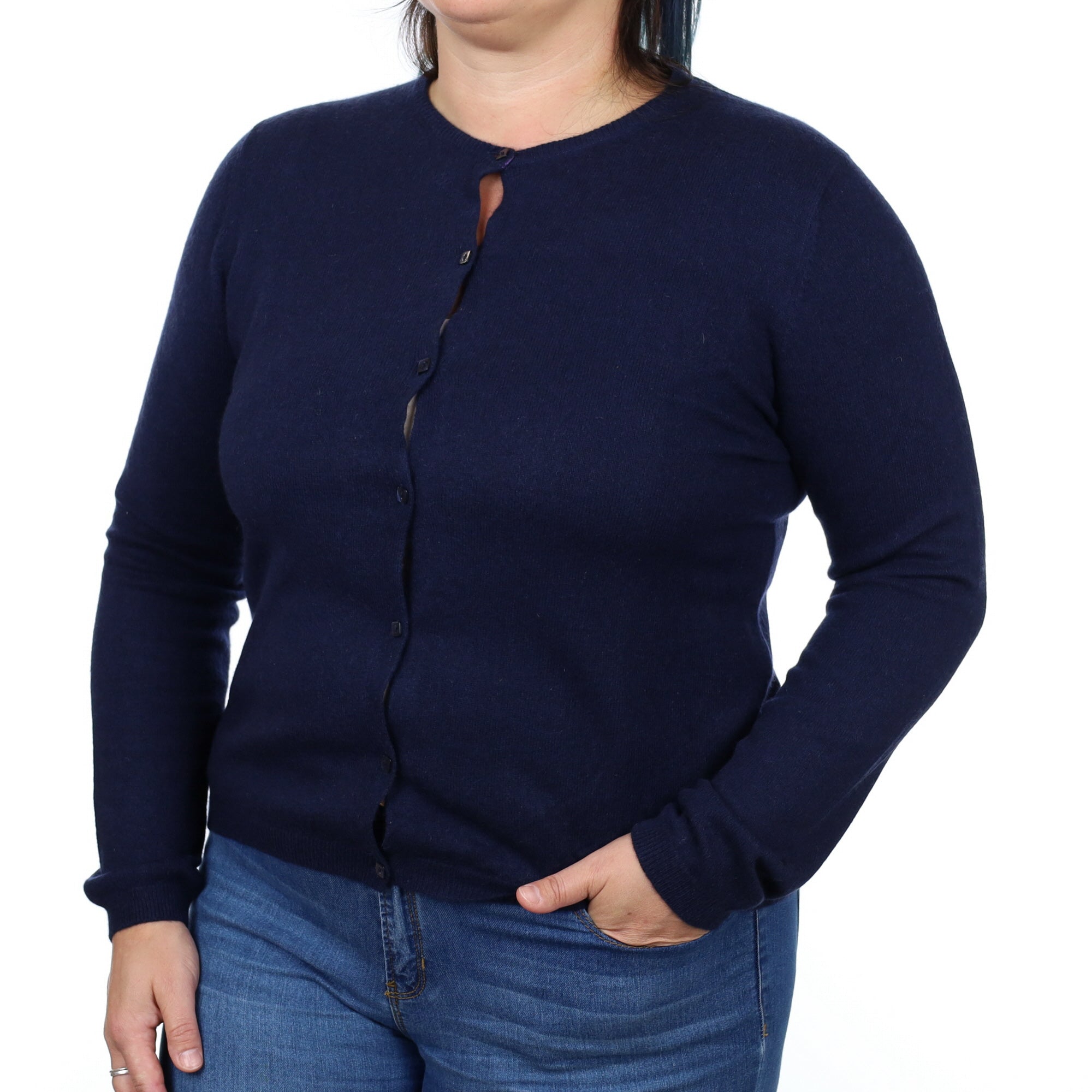 Navy Blue Cashmere Crew Neck Cardigan Large