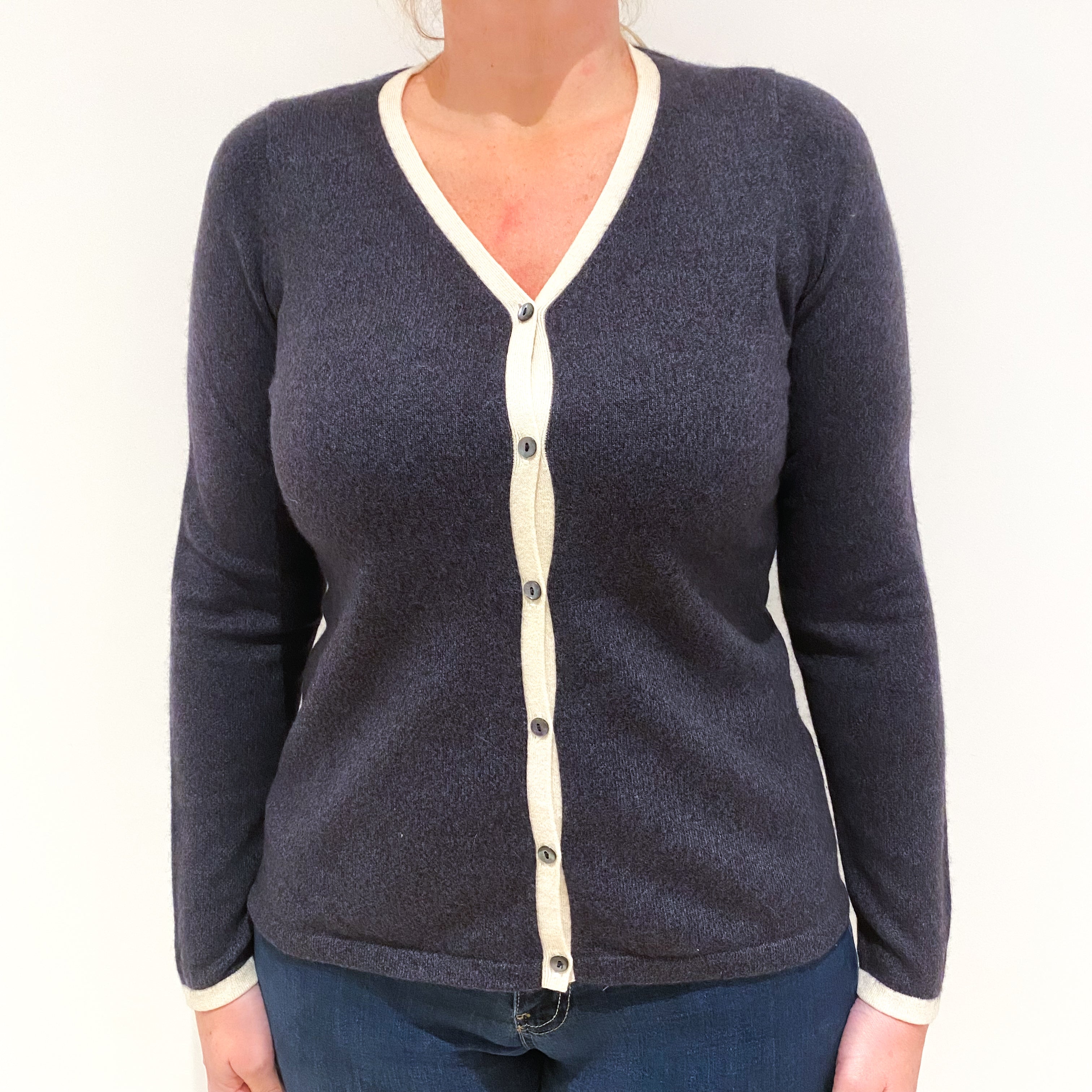 Grey/ Blue Cashmere V- Neck Cardigan Large