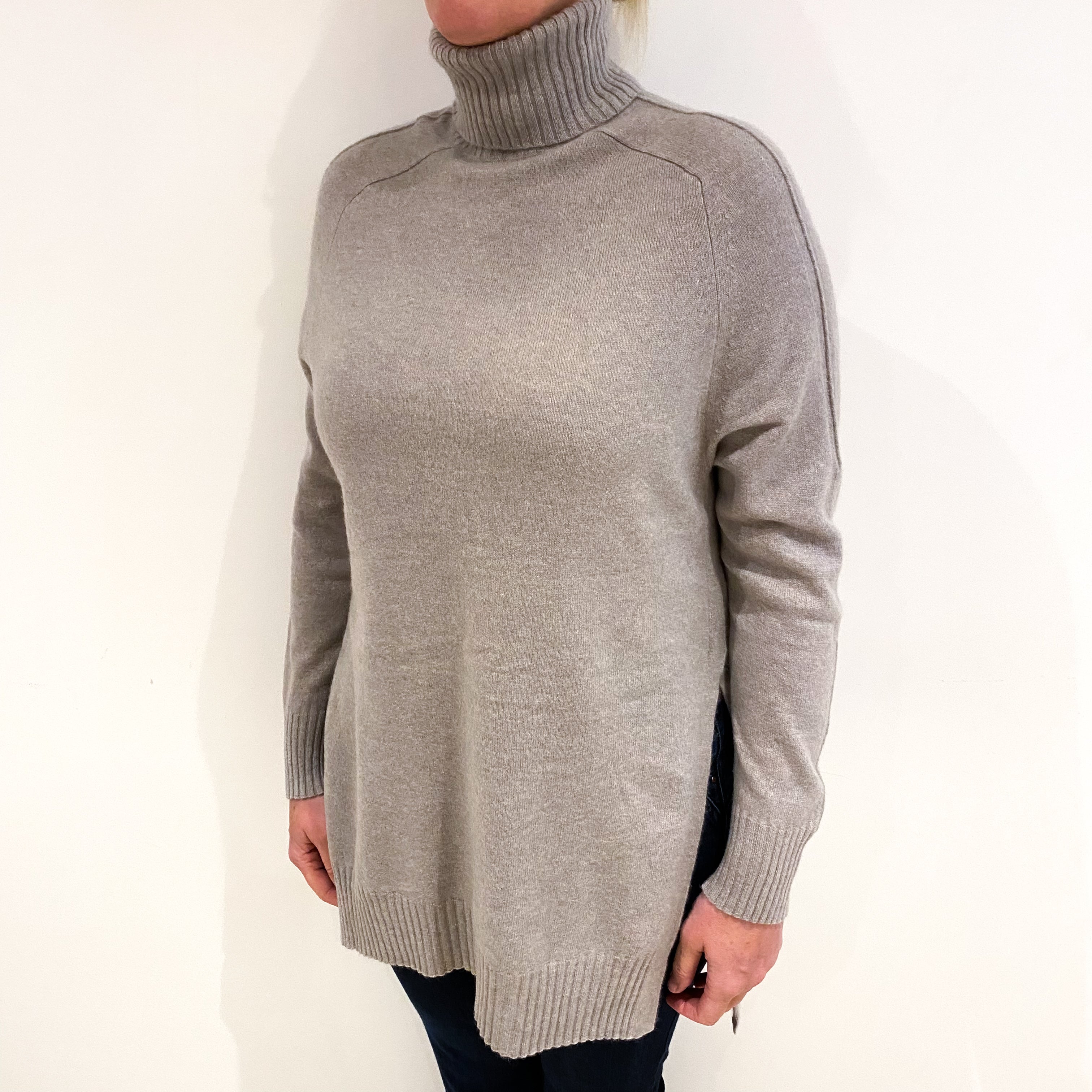 Oyster Grey Cashmere Longline Polo Neck Jumper Large