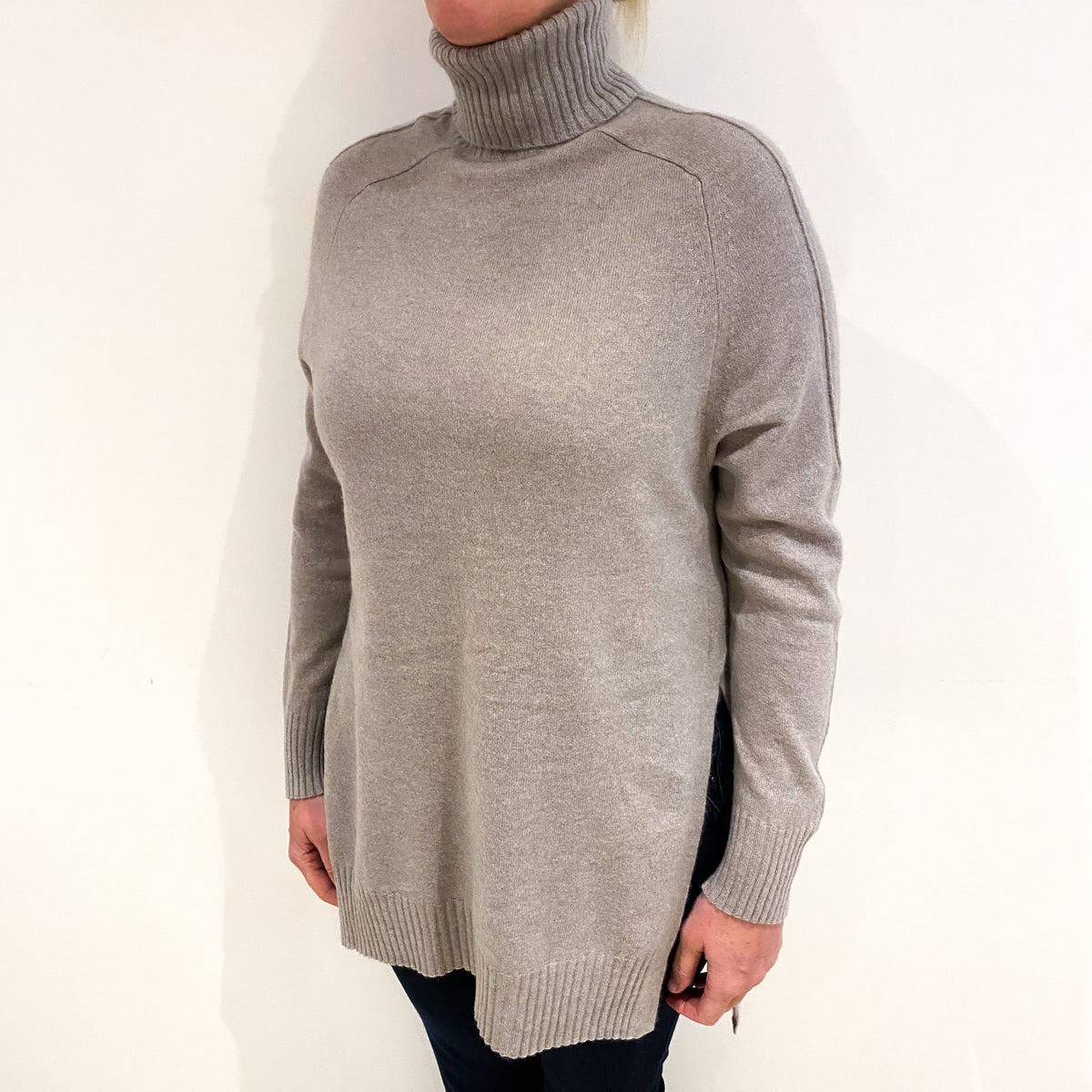 Oyster Grey Cashmere Longline Polo Neck Jumper Large