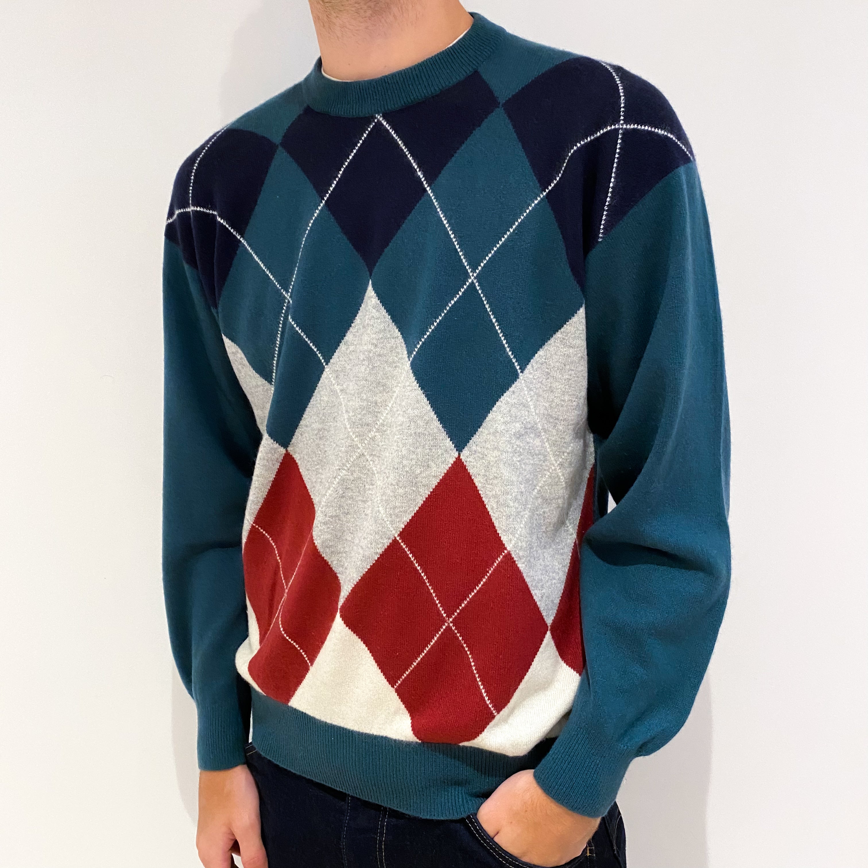 Men's Multicolour Diamond Cashmere Crew Neck Jumper Medium