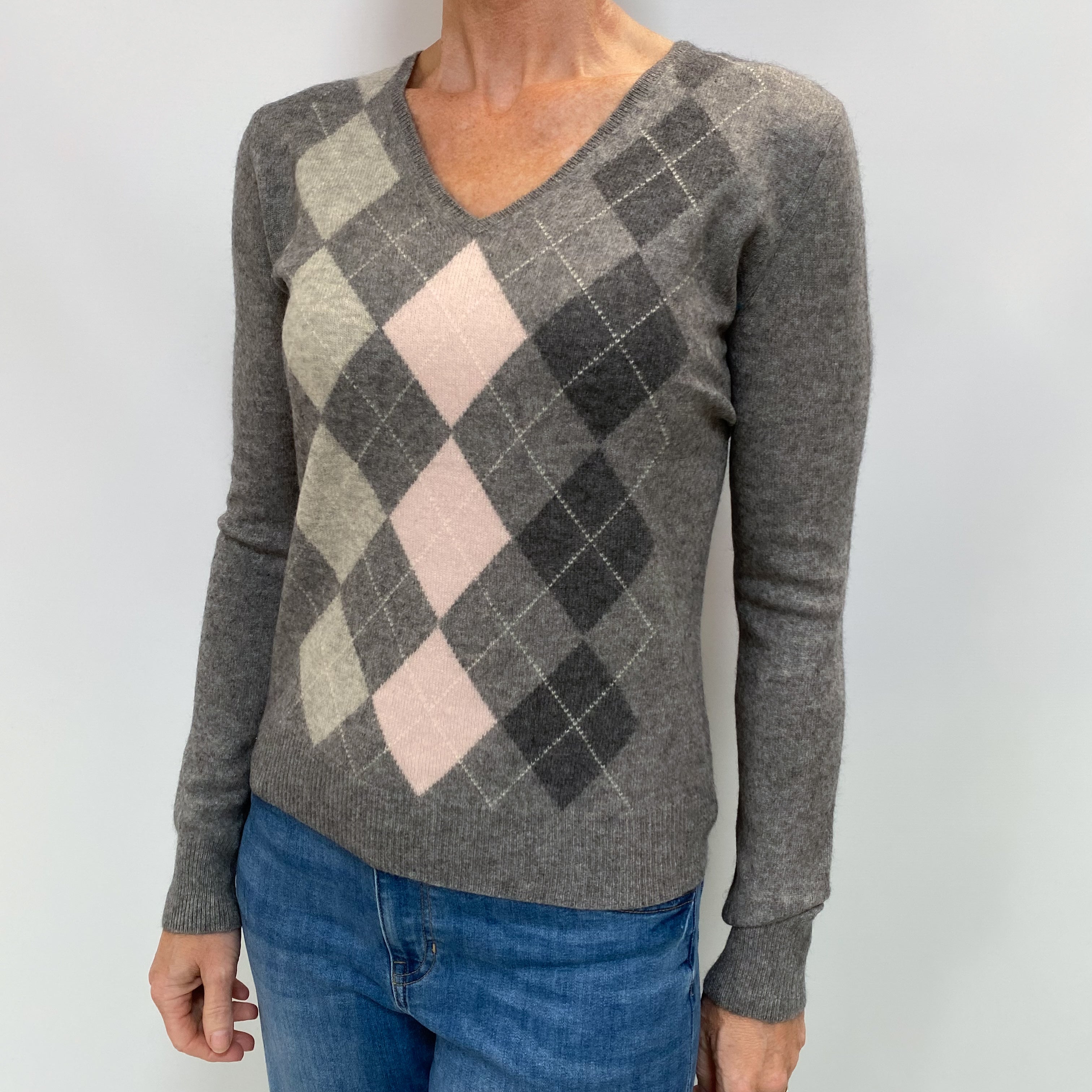 Ash Grey Argyle Cashmere V Neck Jumper Small