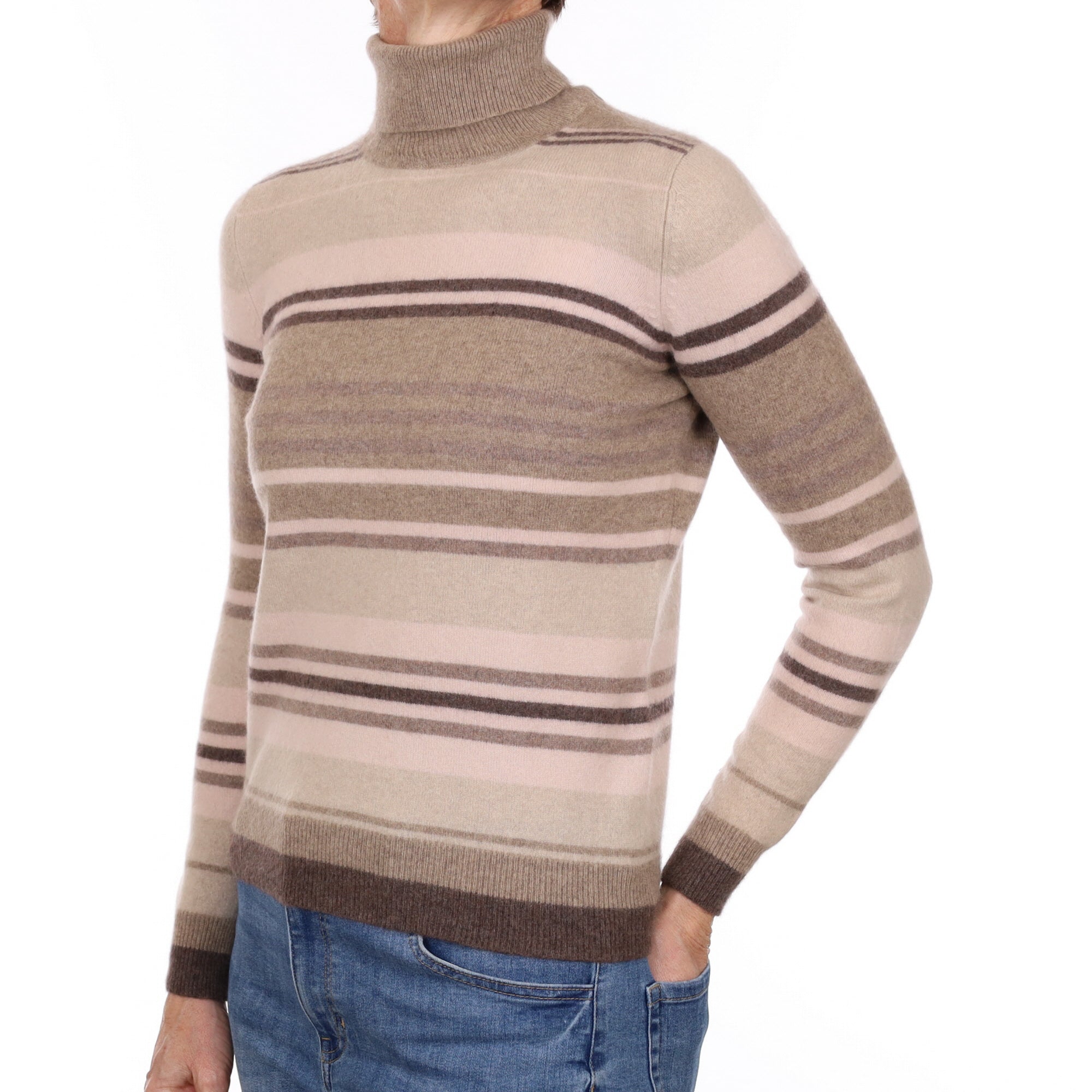 Mocha Stripe Cashmere Polo Neck Jumper Small