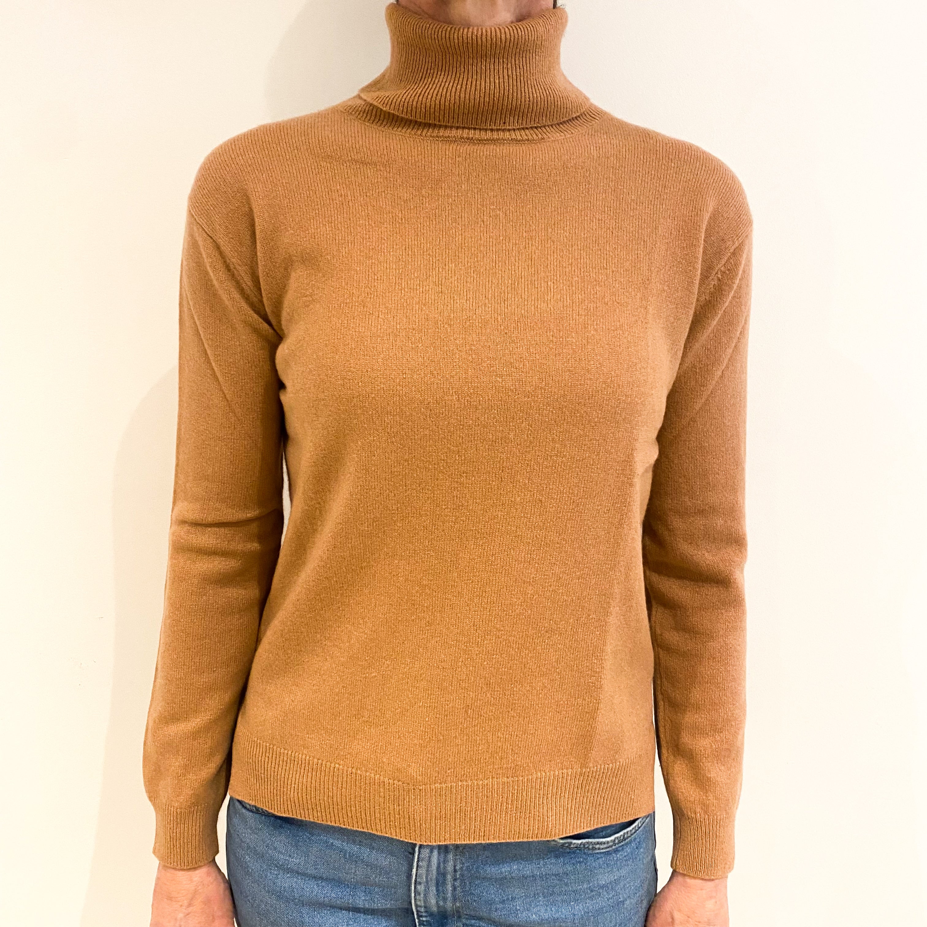 Deep Peach Pink Cashmere Polo Neck Jumper Small