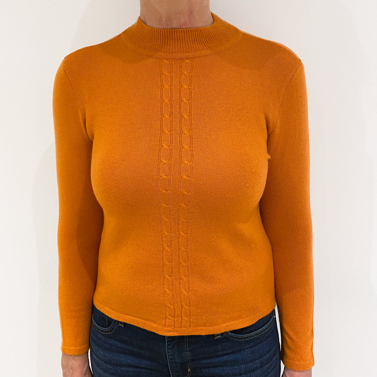 Pumpkin Orange Cable Detail Cashmere Turtle Neck Jumper Medium