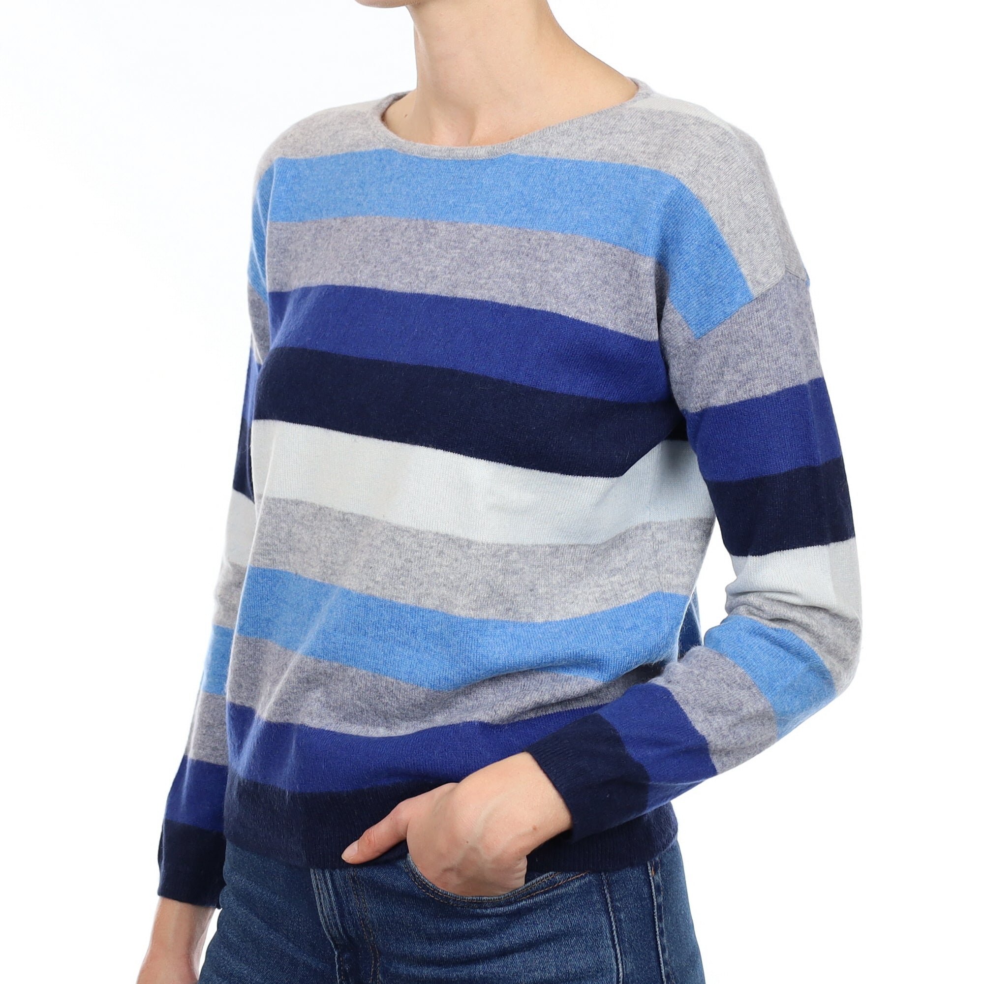 Blue and Grey Striped Cashmere Crew Neck Jumper Small