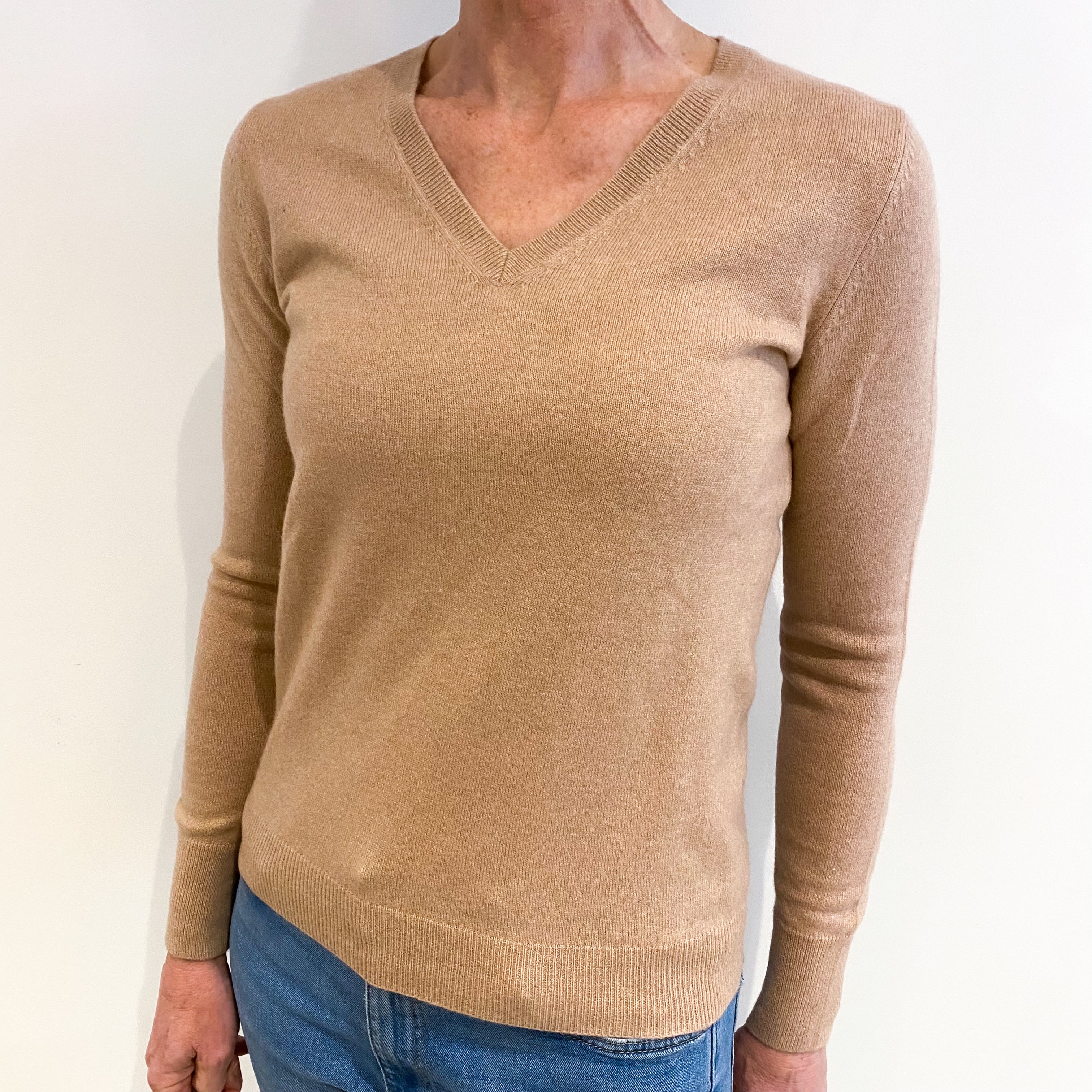 Nude Beige Cashmere V Neck Jumper Small