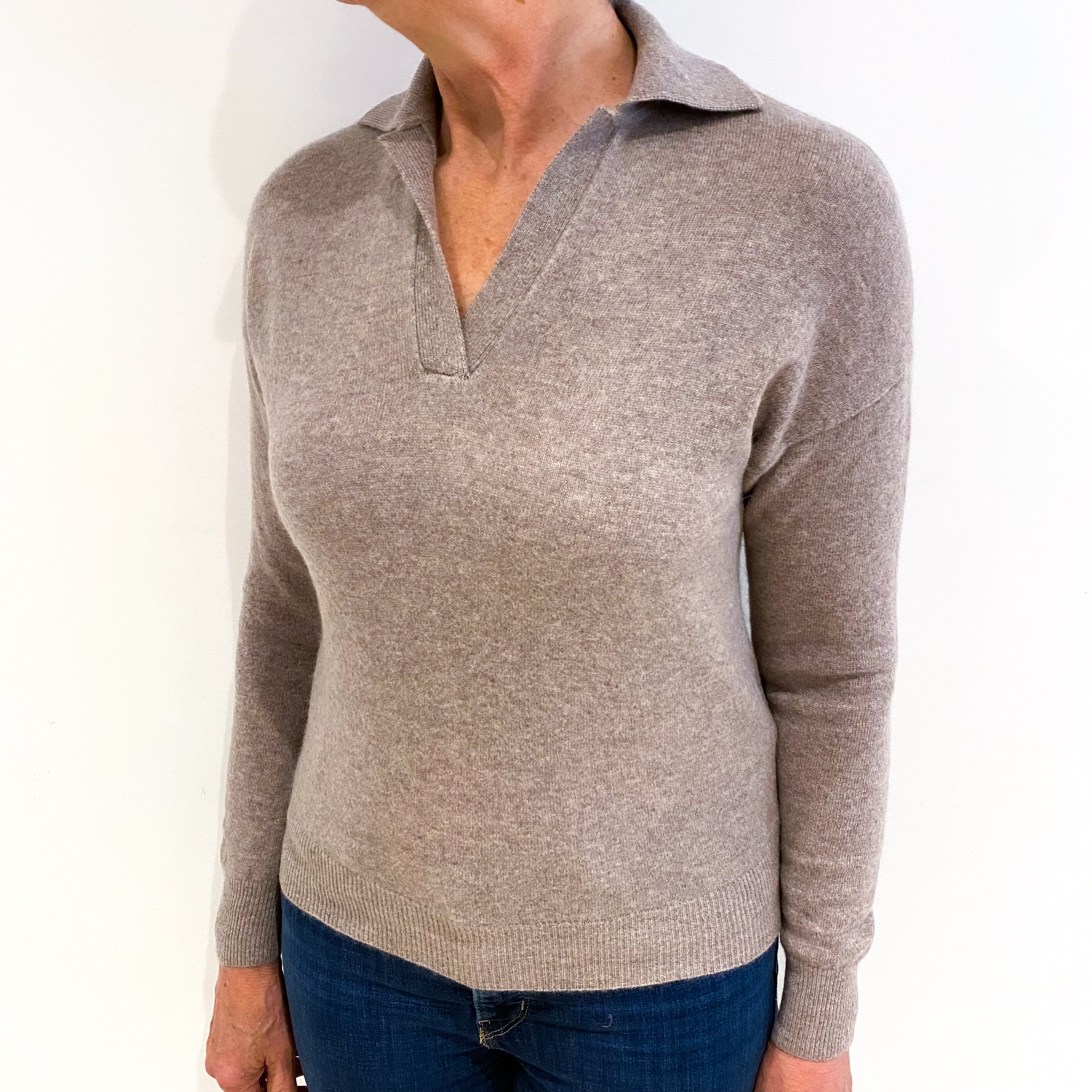 Mink Brown Cashmere Collared V Neck Jumper Medium