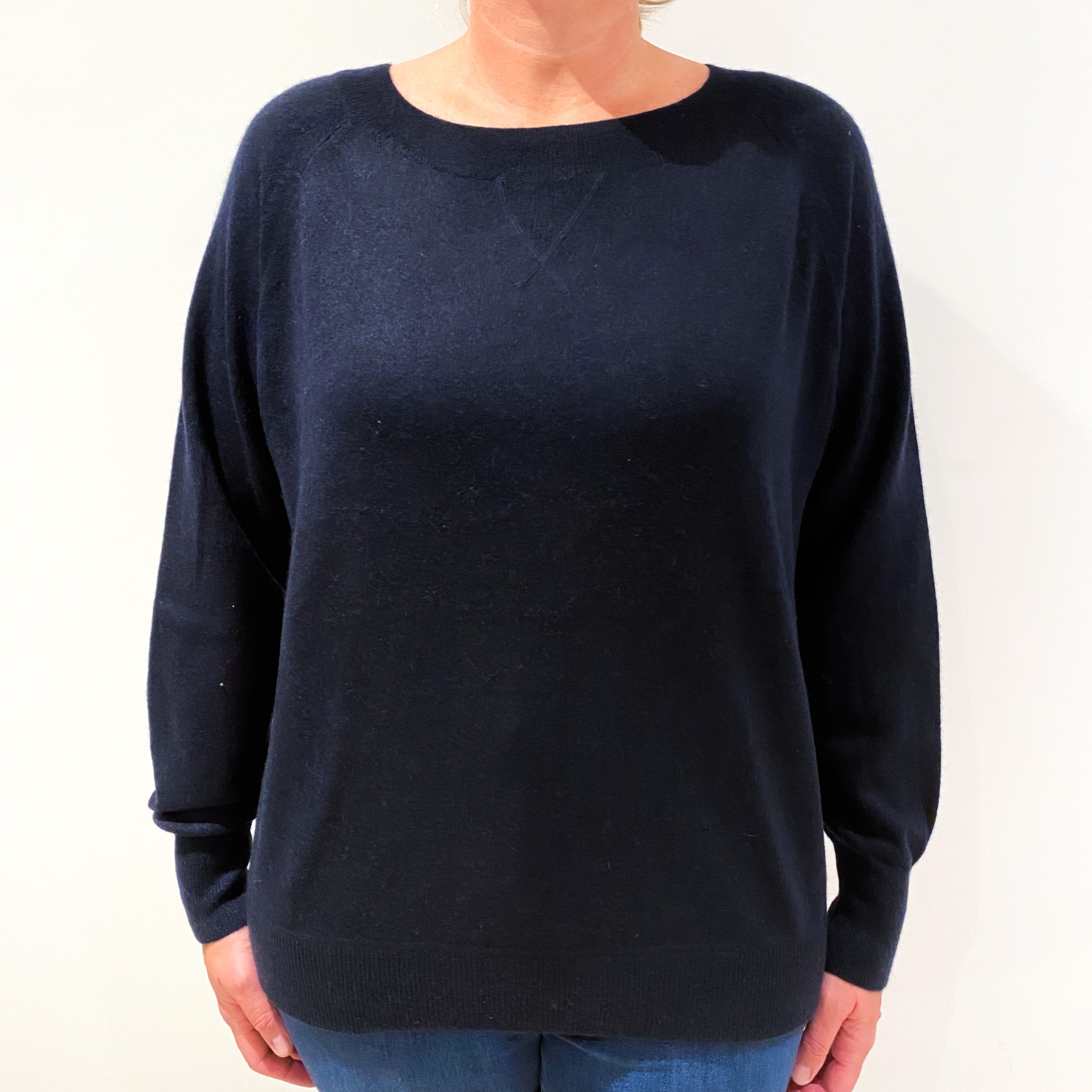 Navy Blue Sweatshirt Style Slouchy Cashmere Crew Neck Jumper Large