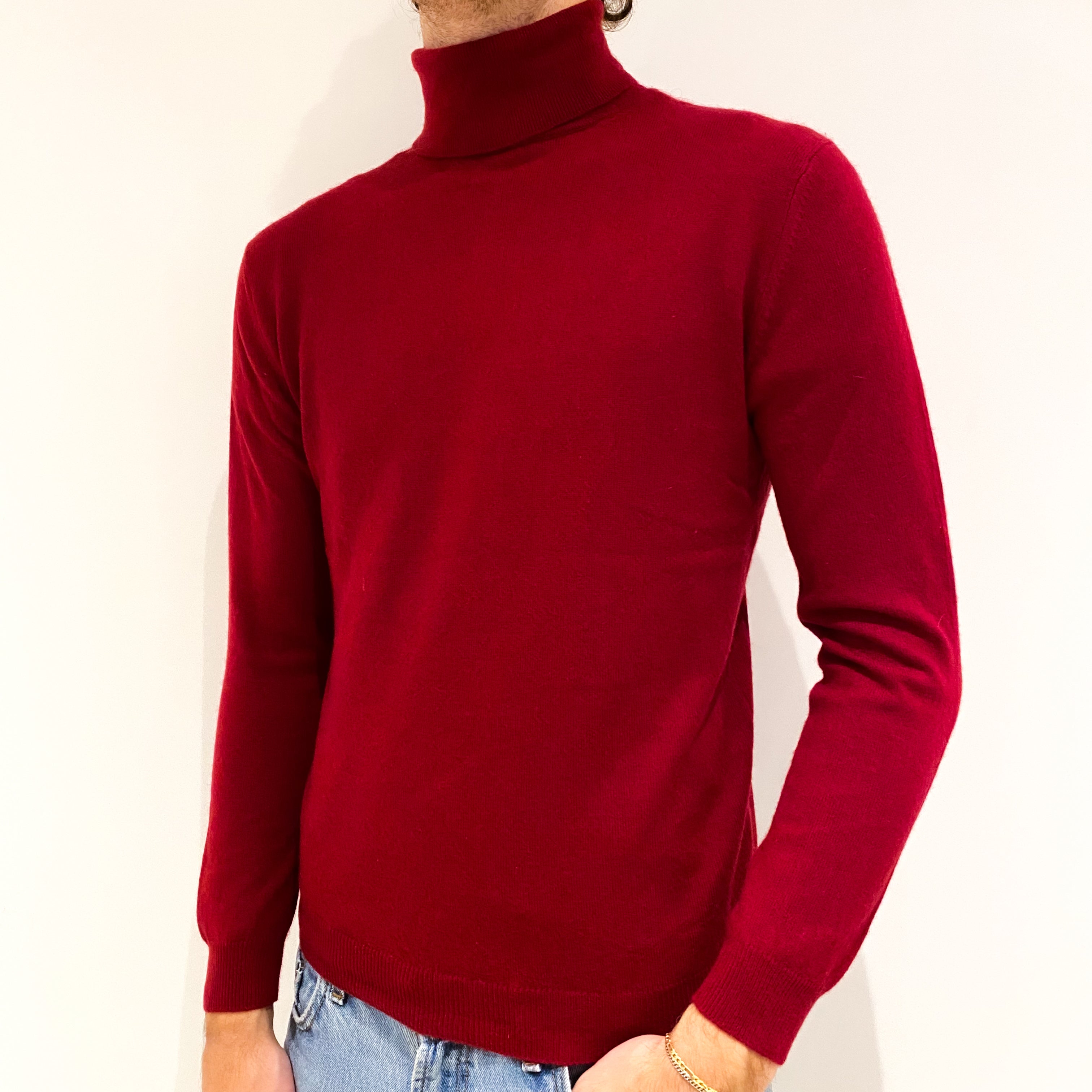 Men's Crimson Red Cashmere Polo Neck Jumper Medium