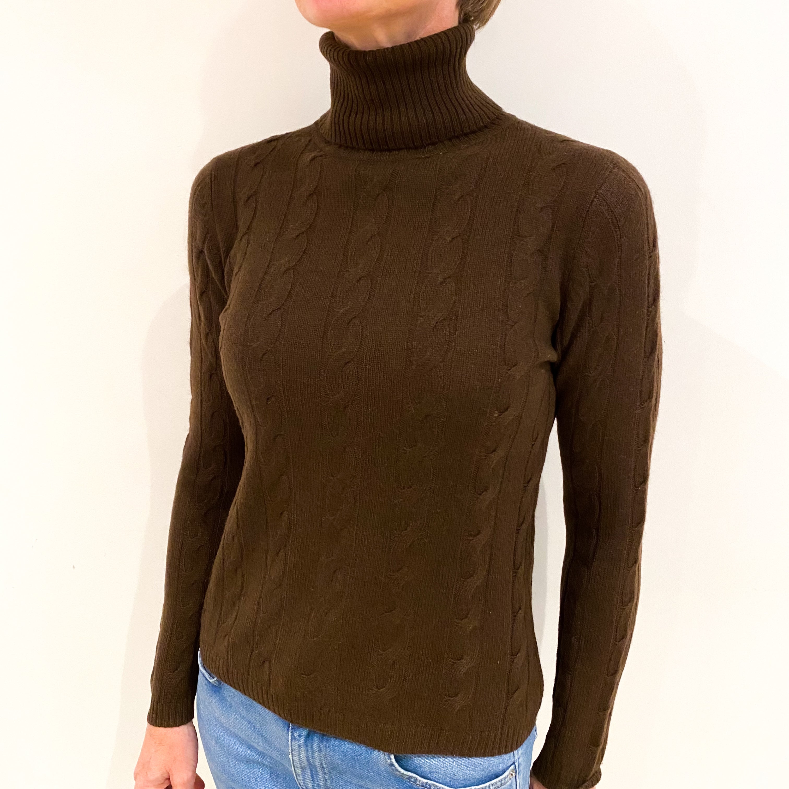 Chocolate Brown Cashmere Polo Neck Jumper Small