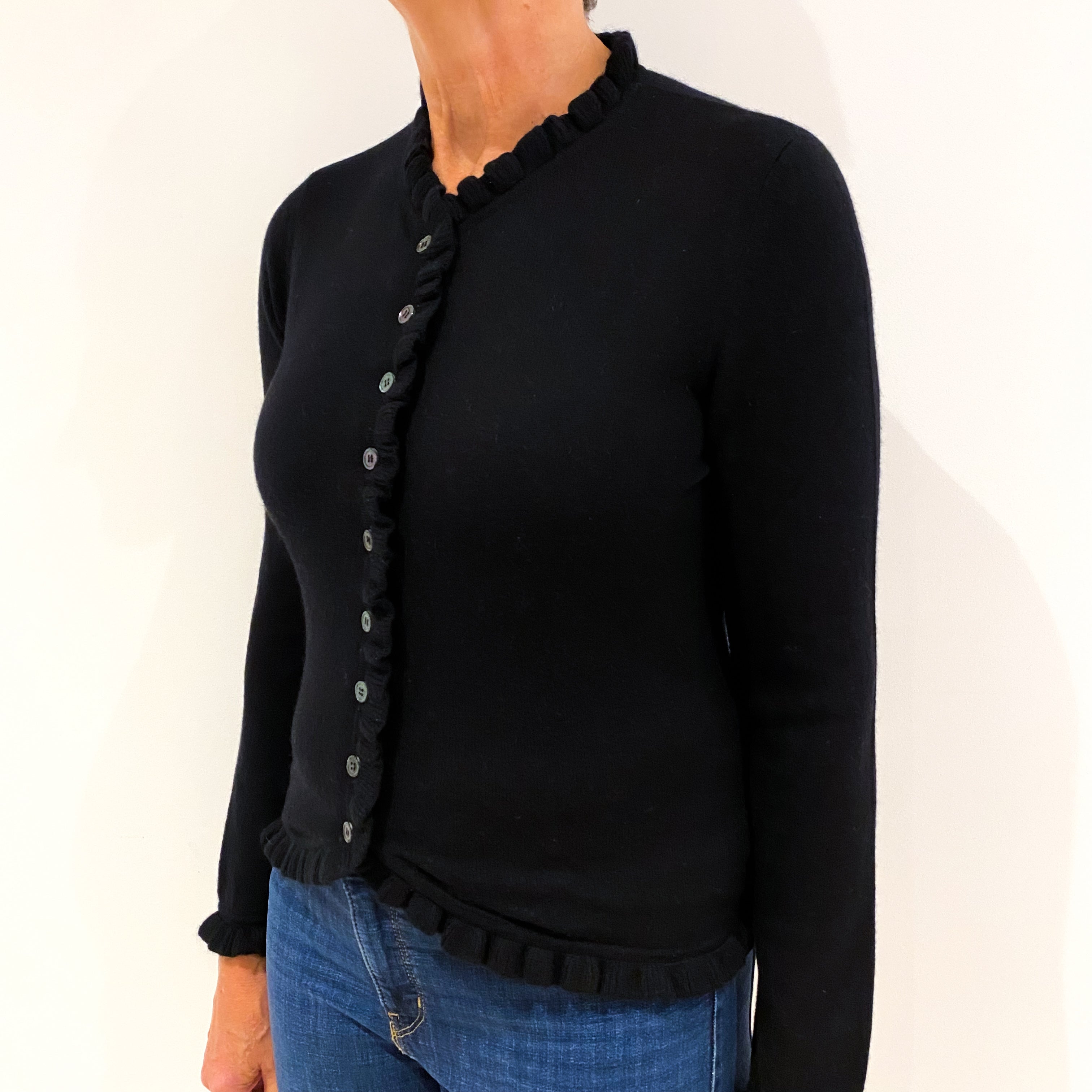 Black Ruffle Edged Cashmere V-Neck Cardigan Medium