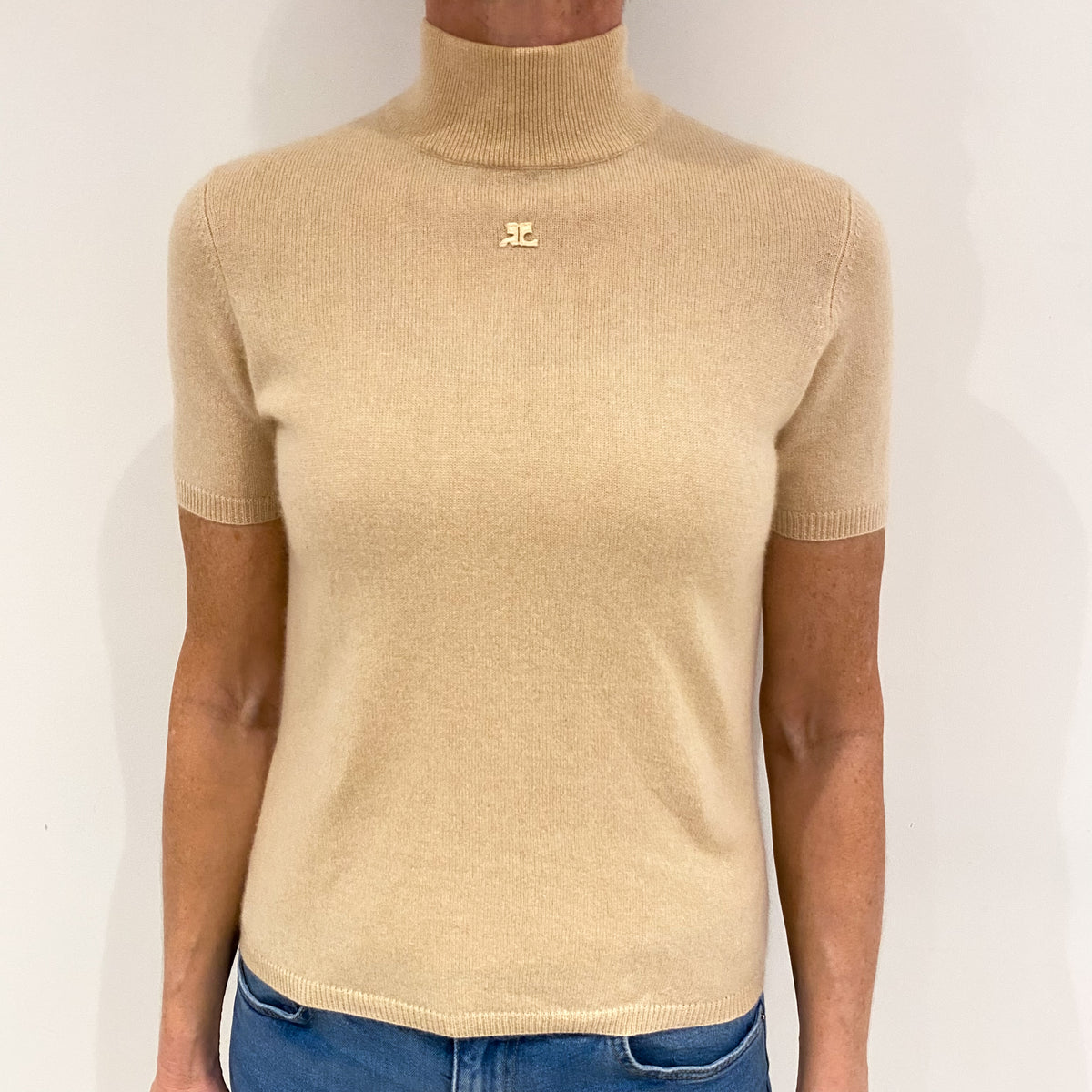 Beige Cashmere Short Sleeved Turtle Neck Jumper Small