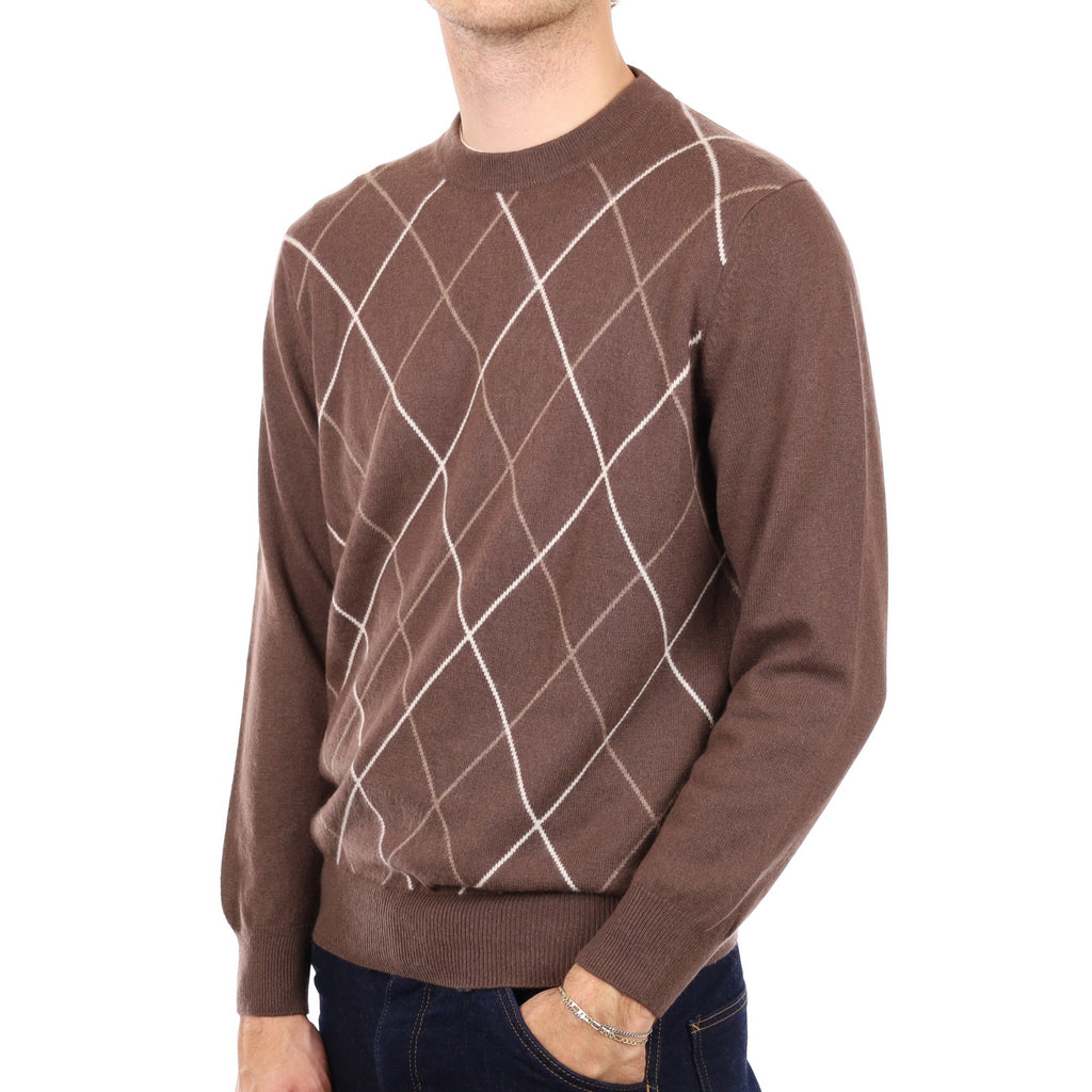 Men's Chocolate Brown Patterned Cashmere Crew Neck Jumper Large