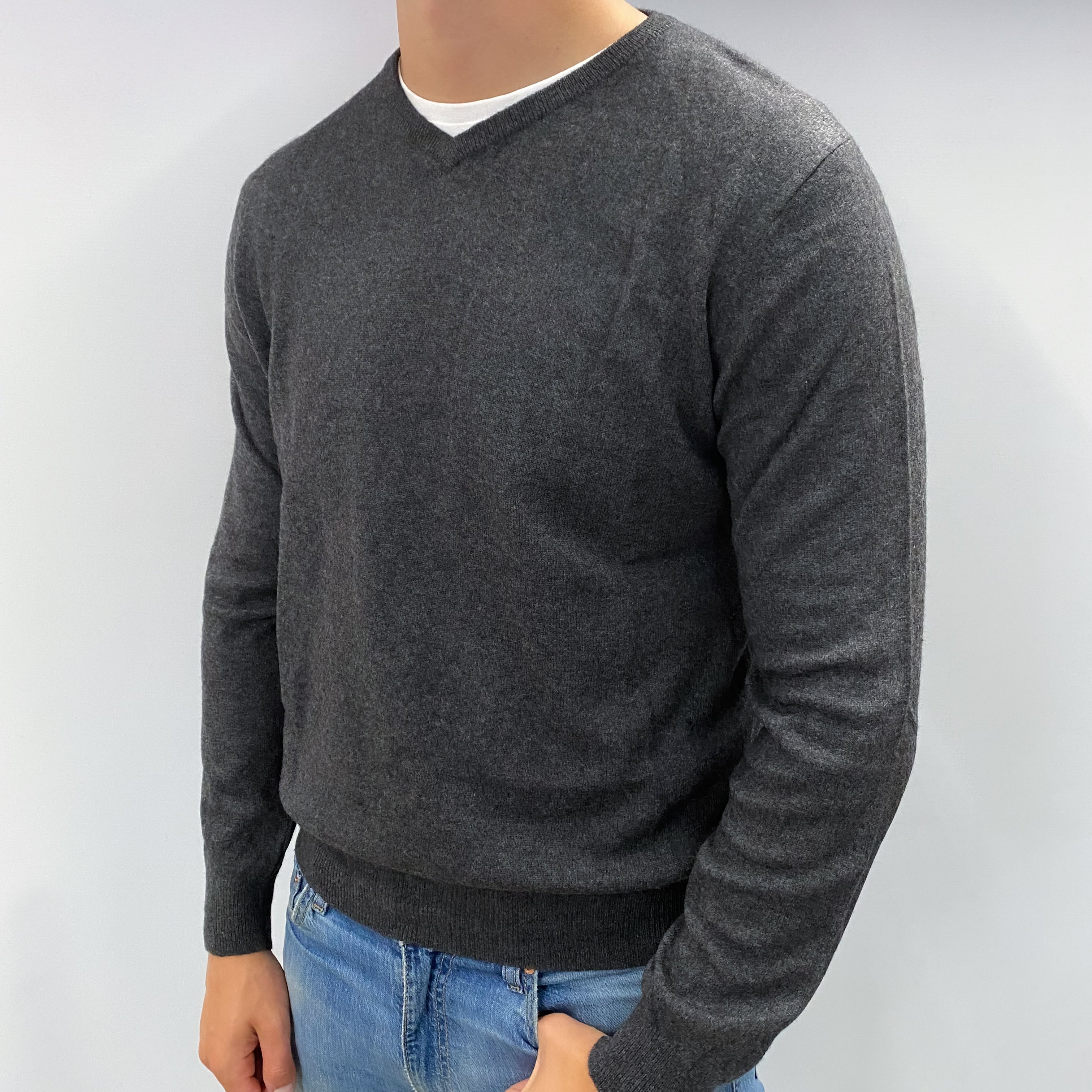 Men's Slate Grey Cashmere V Neck Jumper XL