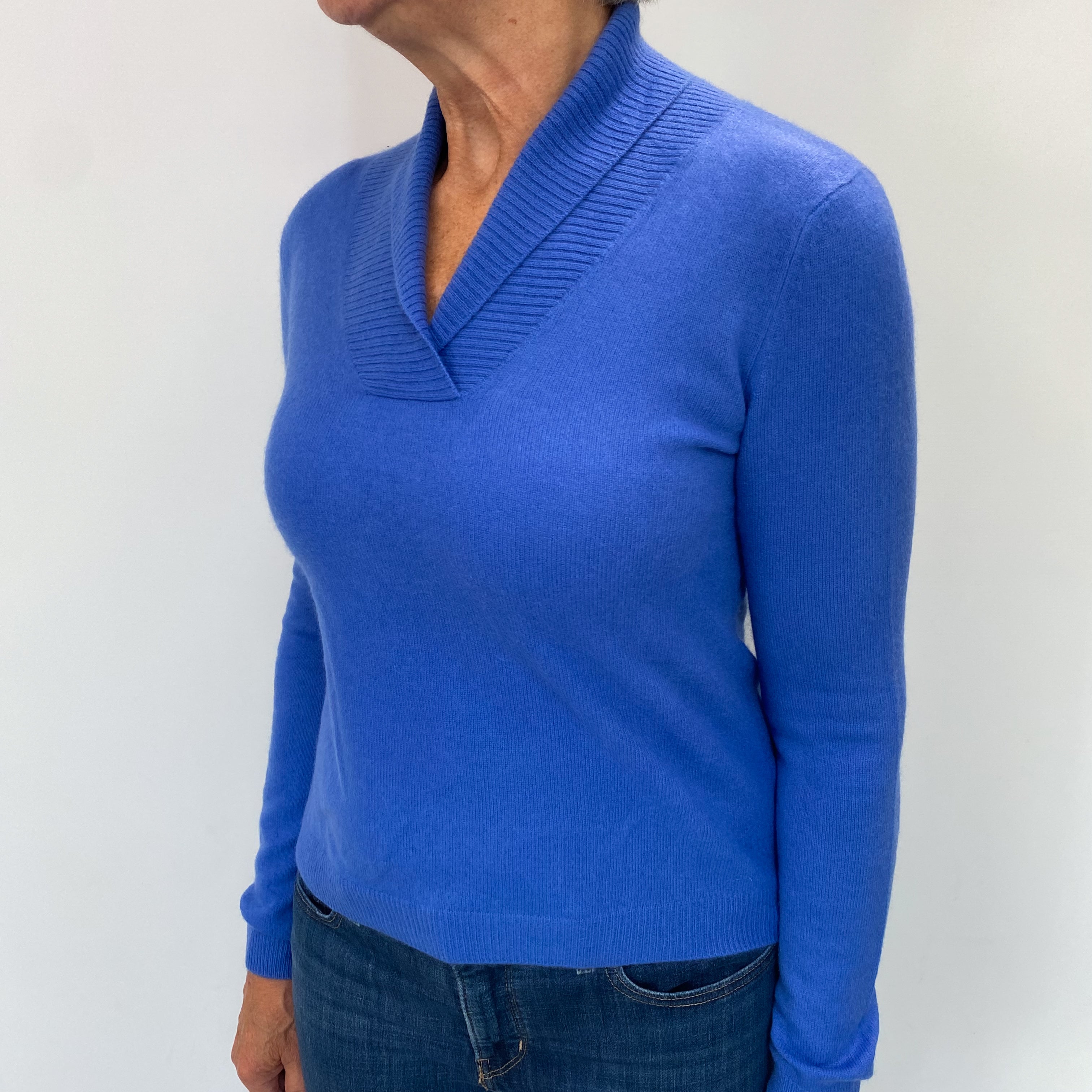 Azure Blue Cashmere Shawl V Neck Jumper Medium