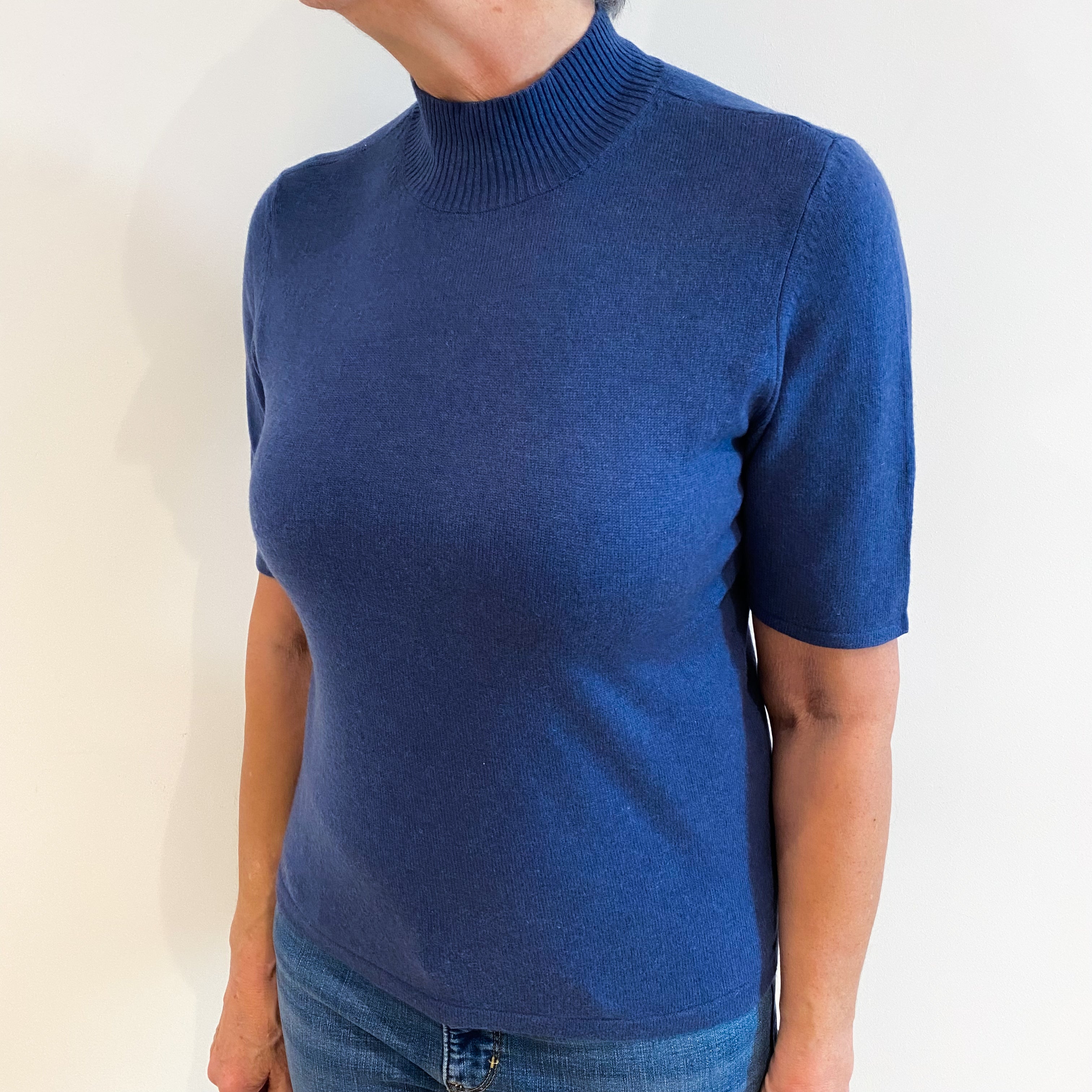 Dusty Blue Cashmere Short Sleeved Turtle Neck Jumper Medium