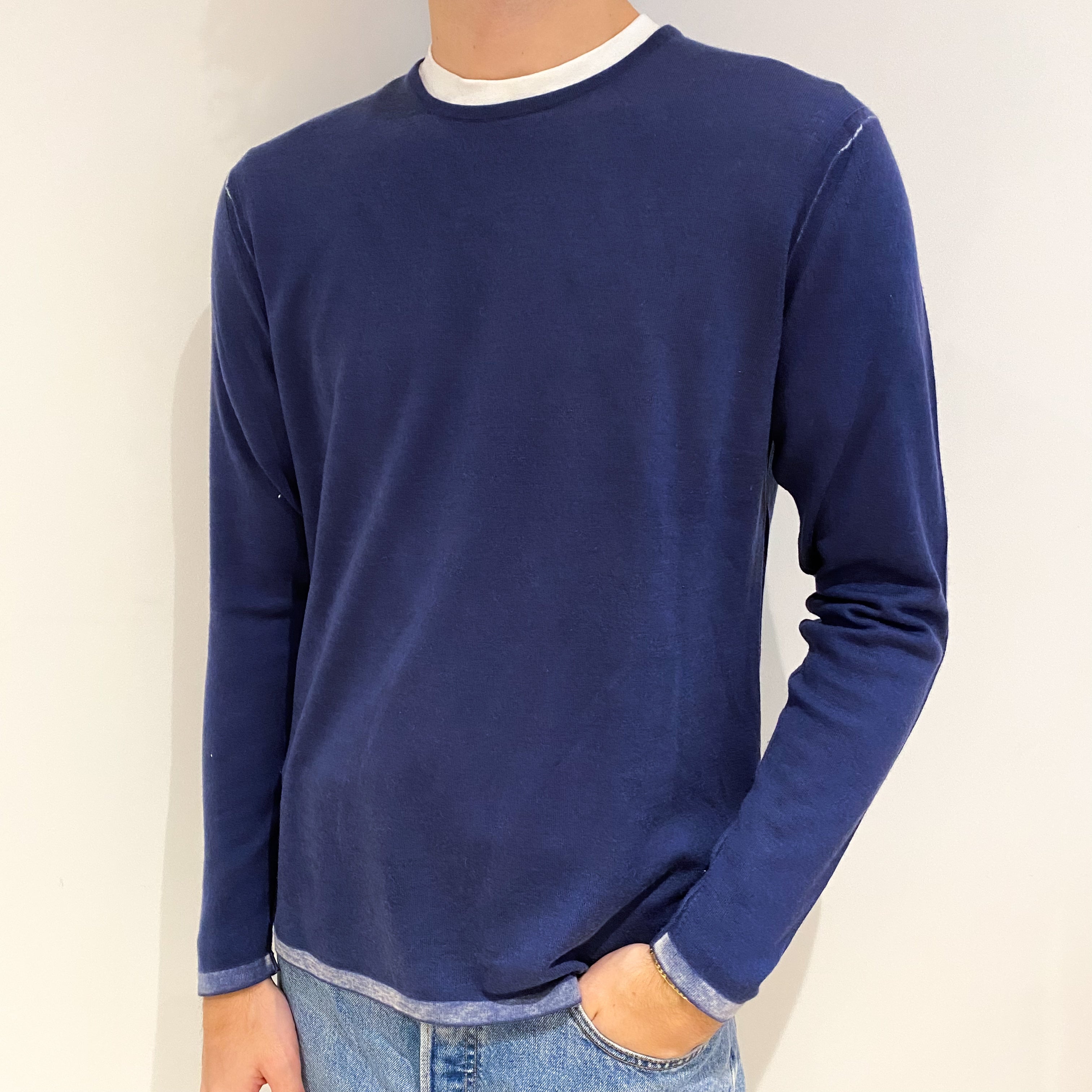 Men's Naval Blue Fine Knit Cashmere Crew Neck Jumper Medium