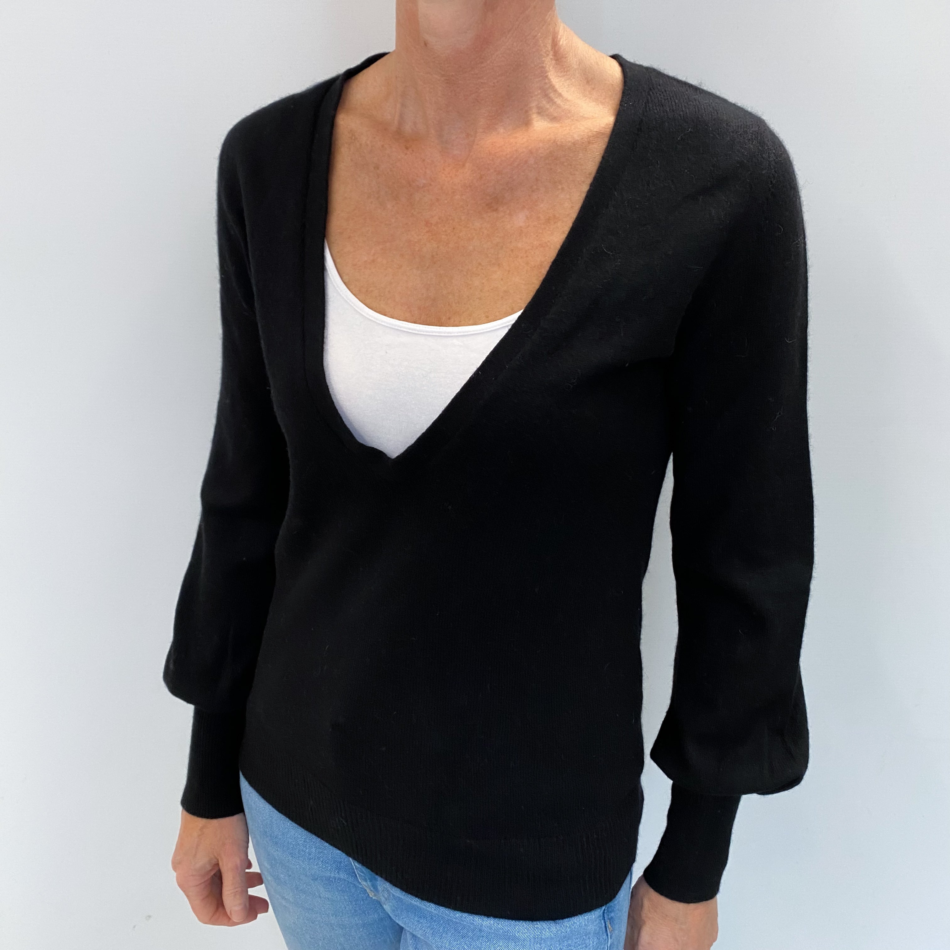 Black Cashmere Low V Neck Jumper Small