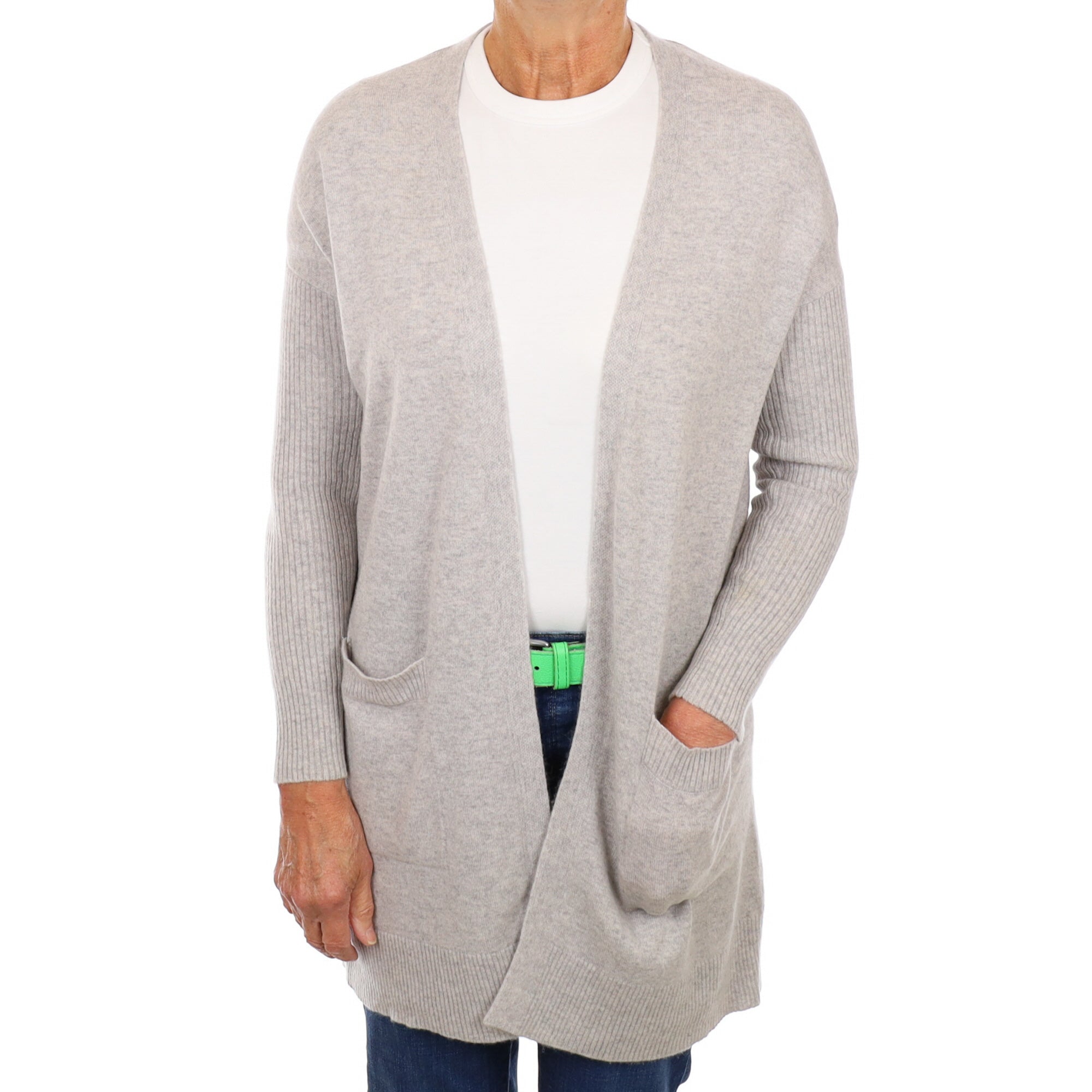 Misty Grey Cashmere Edge to Edge Cardigan with Pockets Medium