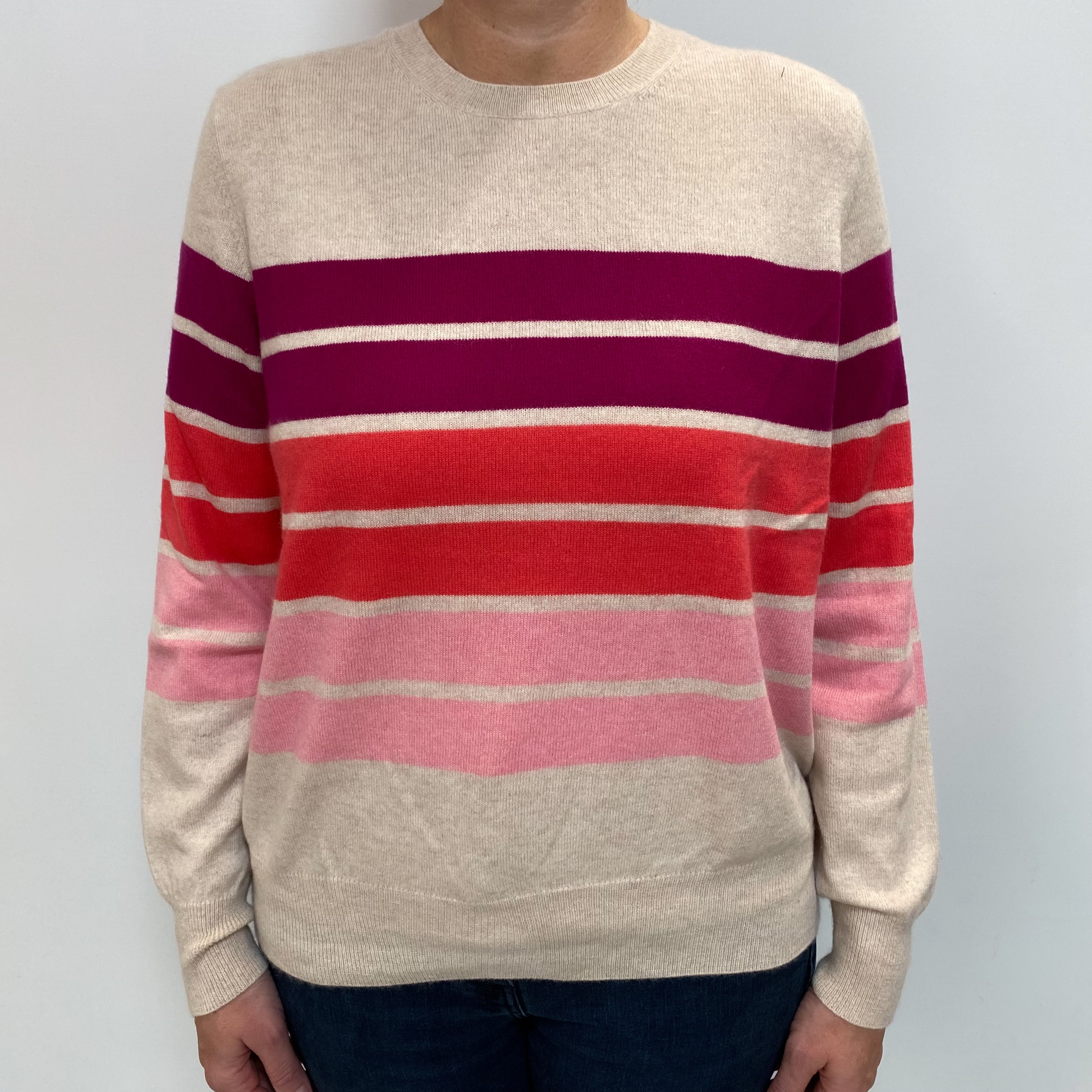 Oatmeal and Pink Stripe Cashmere Crew Neck Jumper Large