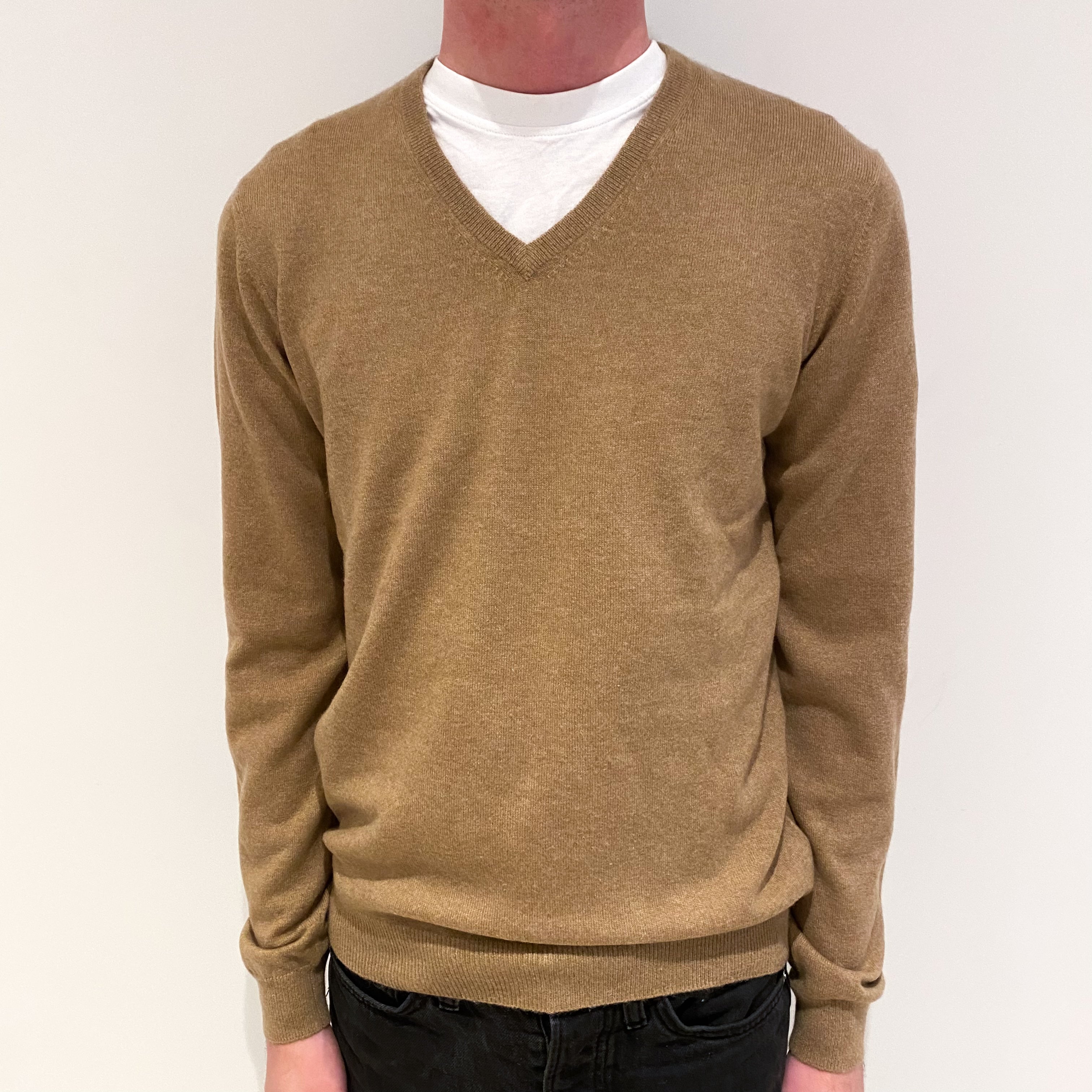 Men's Camel Brown Cashmere V-Neck Jumper Small