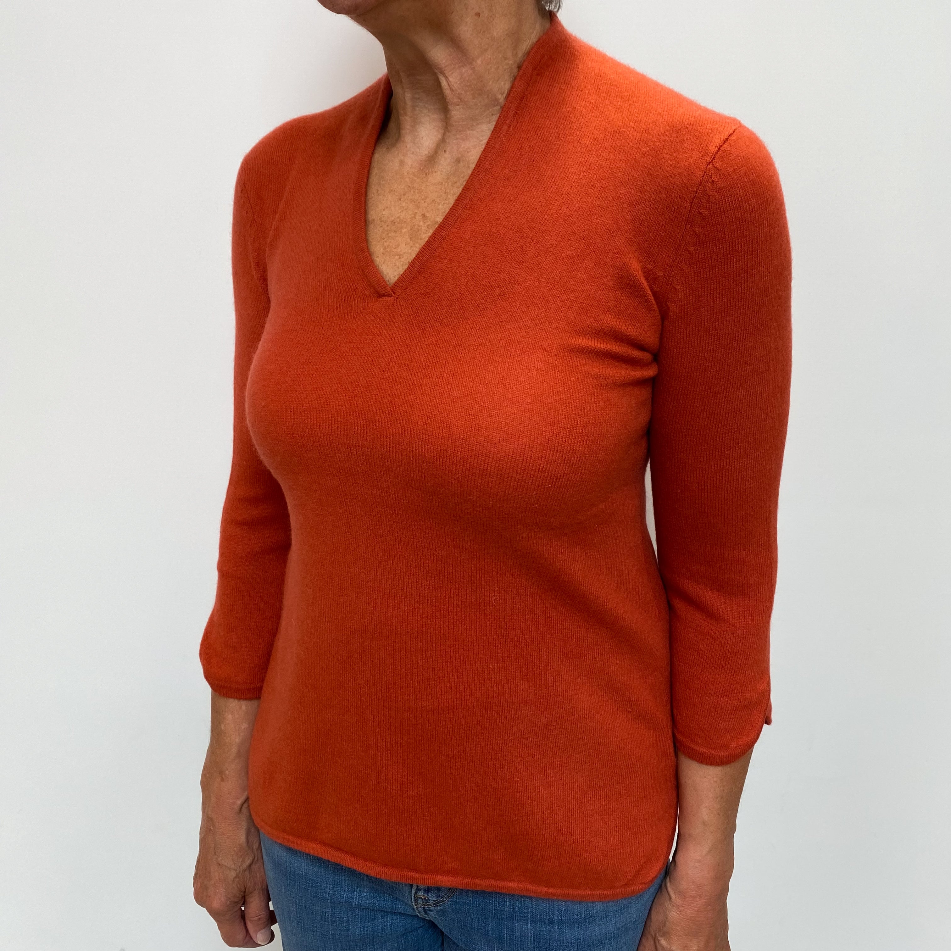 Rust Orange Cashmere Notch V Neck Jumper Medium
