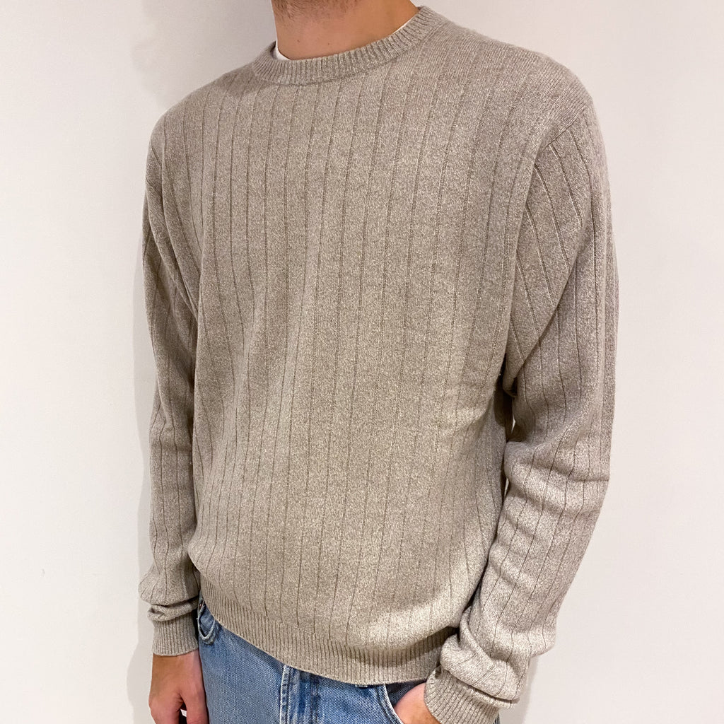 Men's Ribbed Oatmeal Cashmere Crew Neck Jumper Large