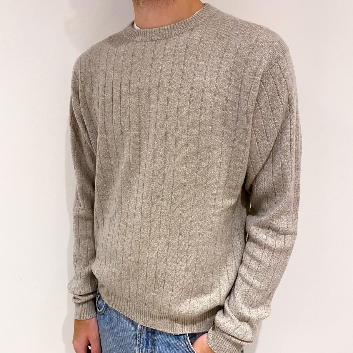 Men's Ribbed Oatmeal Cashmere Crew Neck Jumper Large