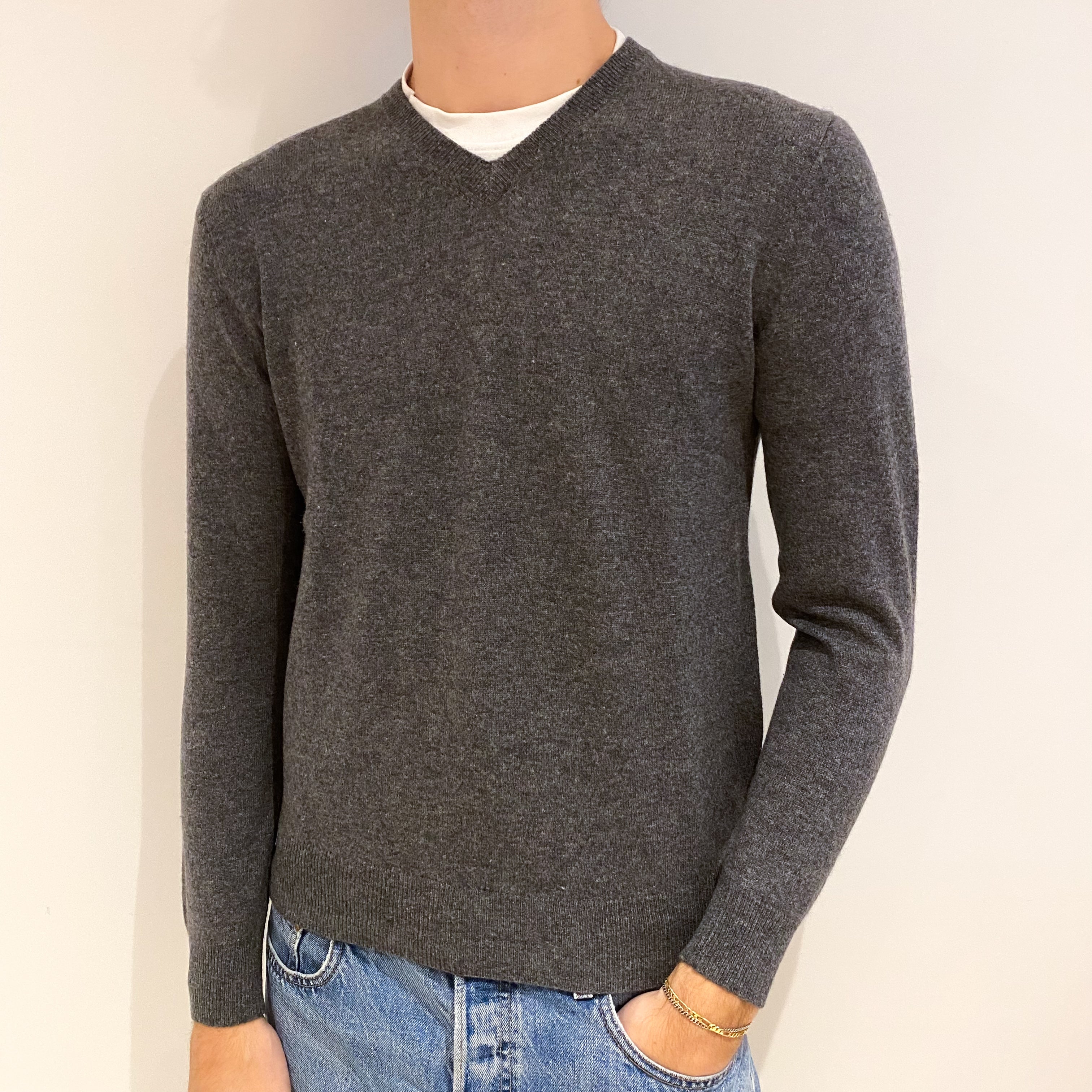 Men's Slate Grey Cashmere V Neck Jumper Medium