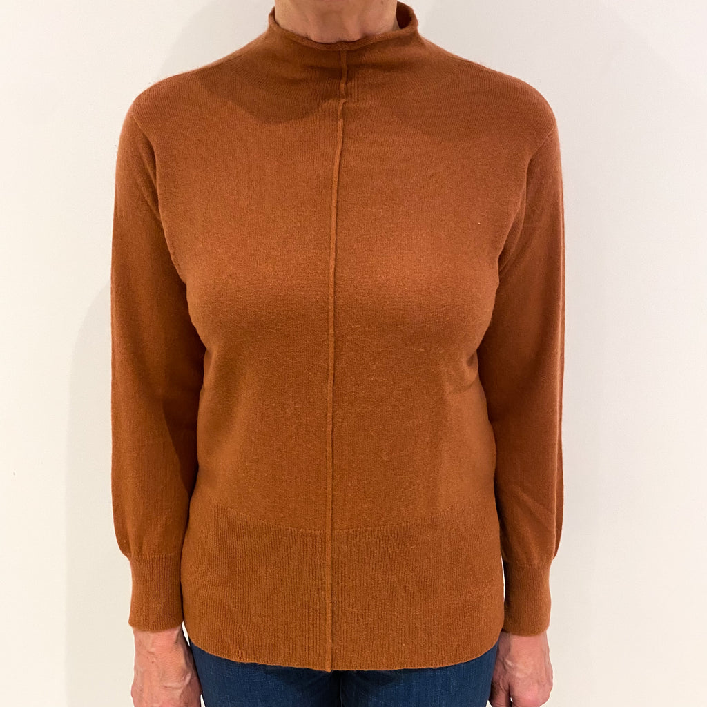 Rust Brown Cashmere Funnel Neck Jumper Medium