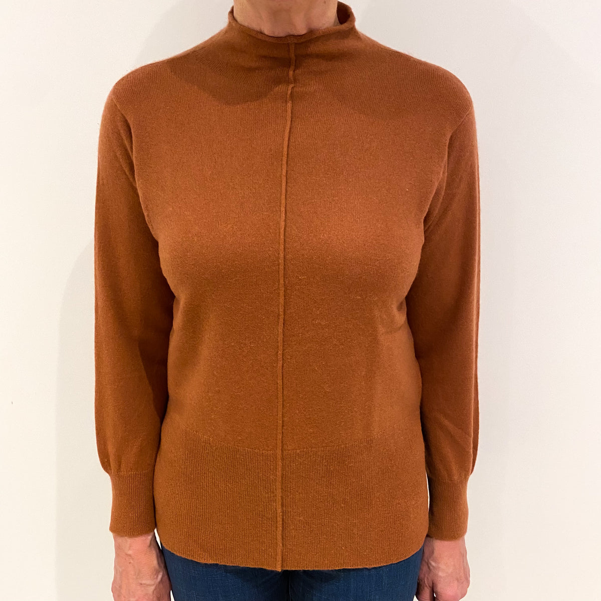 Rust Brown Cashmere Funnel Neck Jumper Medium