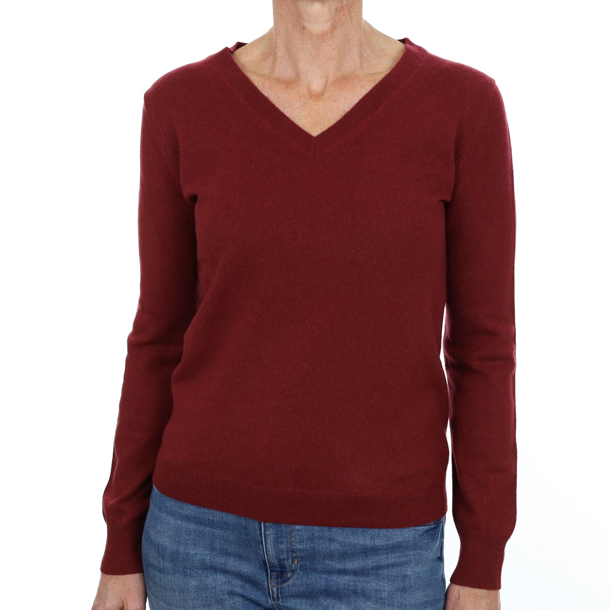 Wine Red Cashmere V Neck Jumper Small
