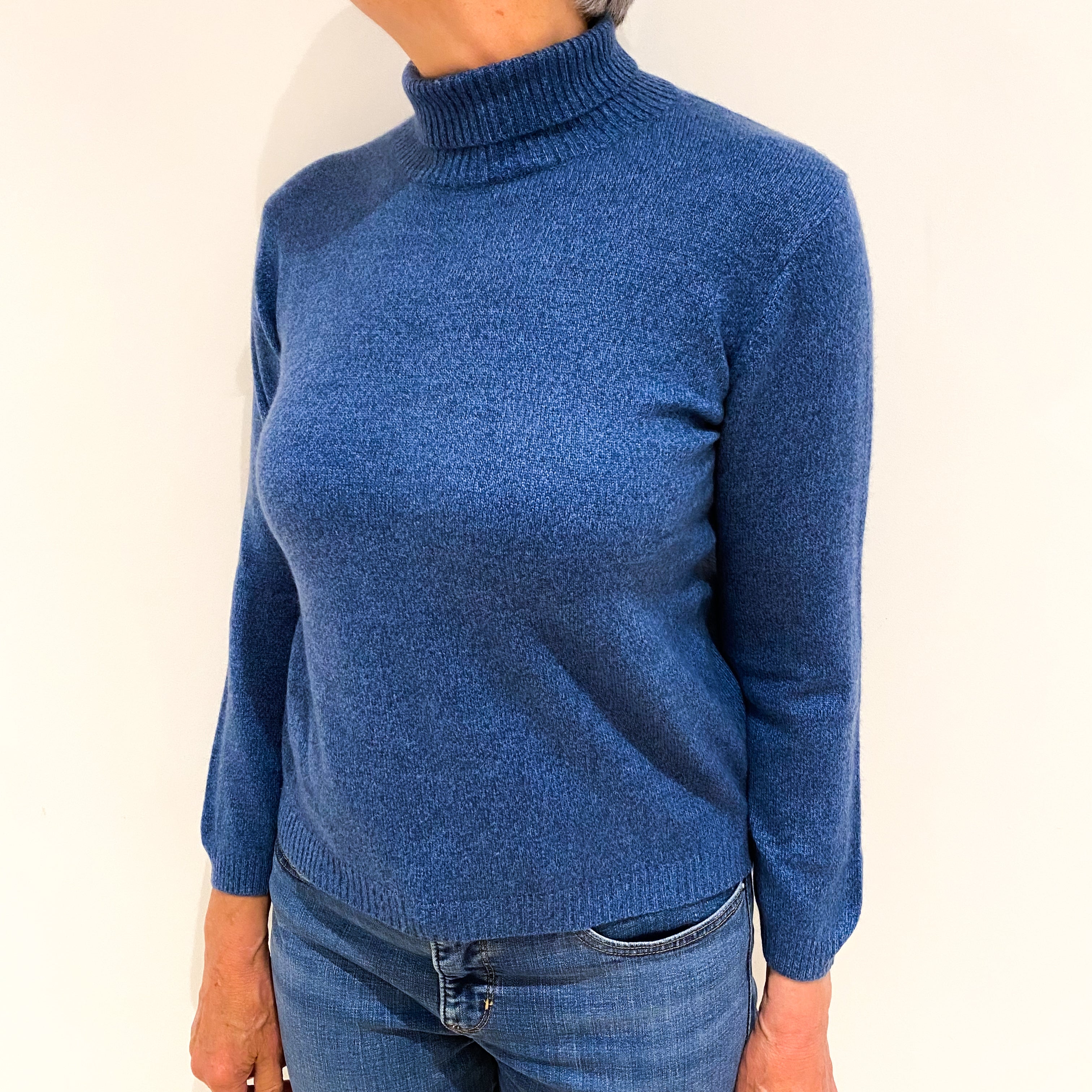 Dusky Blue Marl Cashmere Polo Neck Jumper Medium