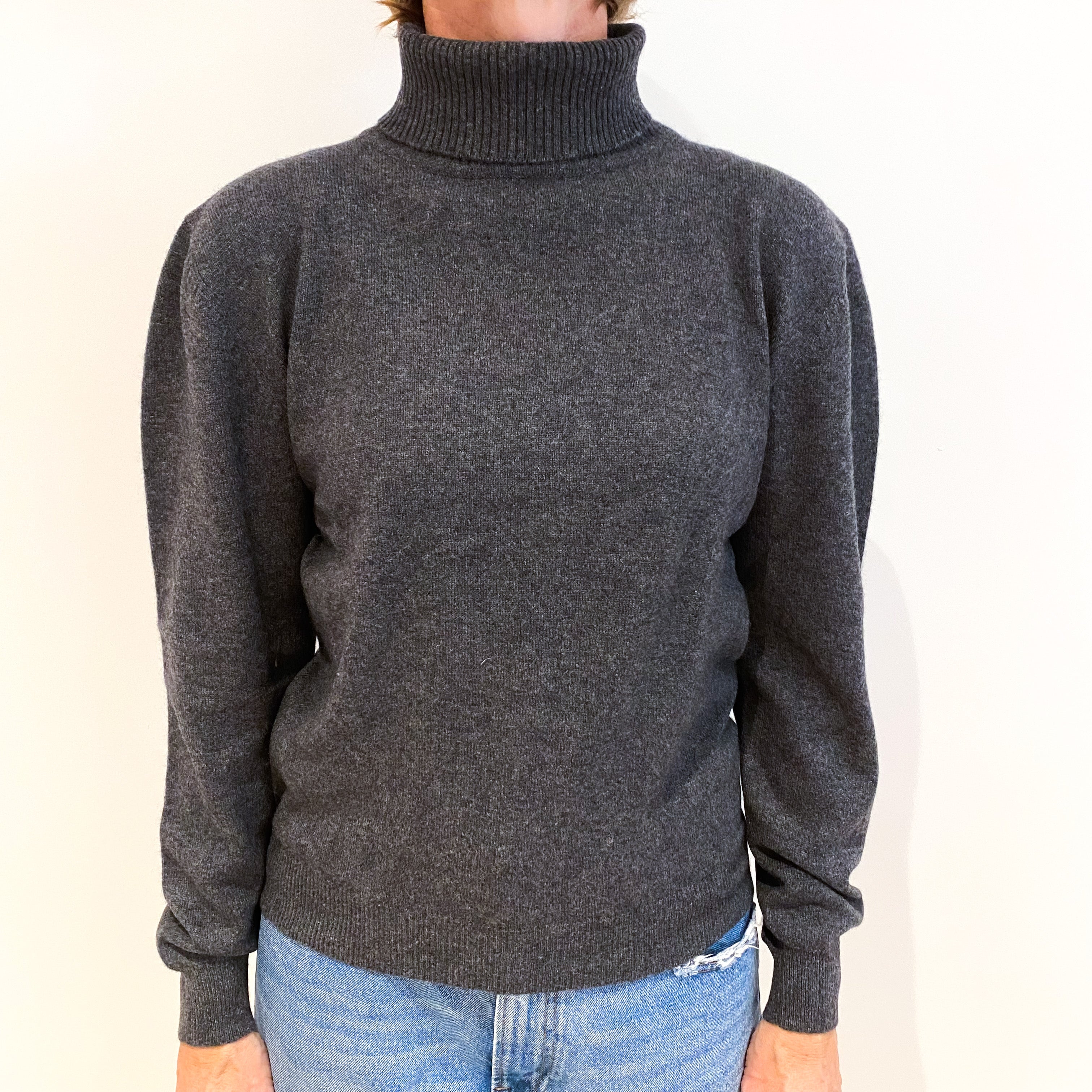 Slate Grey Blouse Sleeve Cashmere Polo Neck Jumper Small
