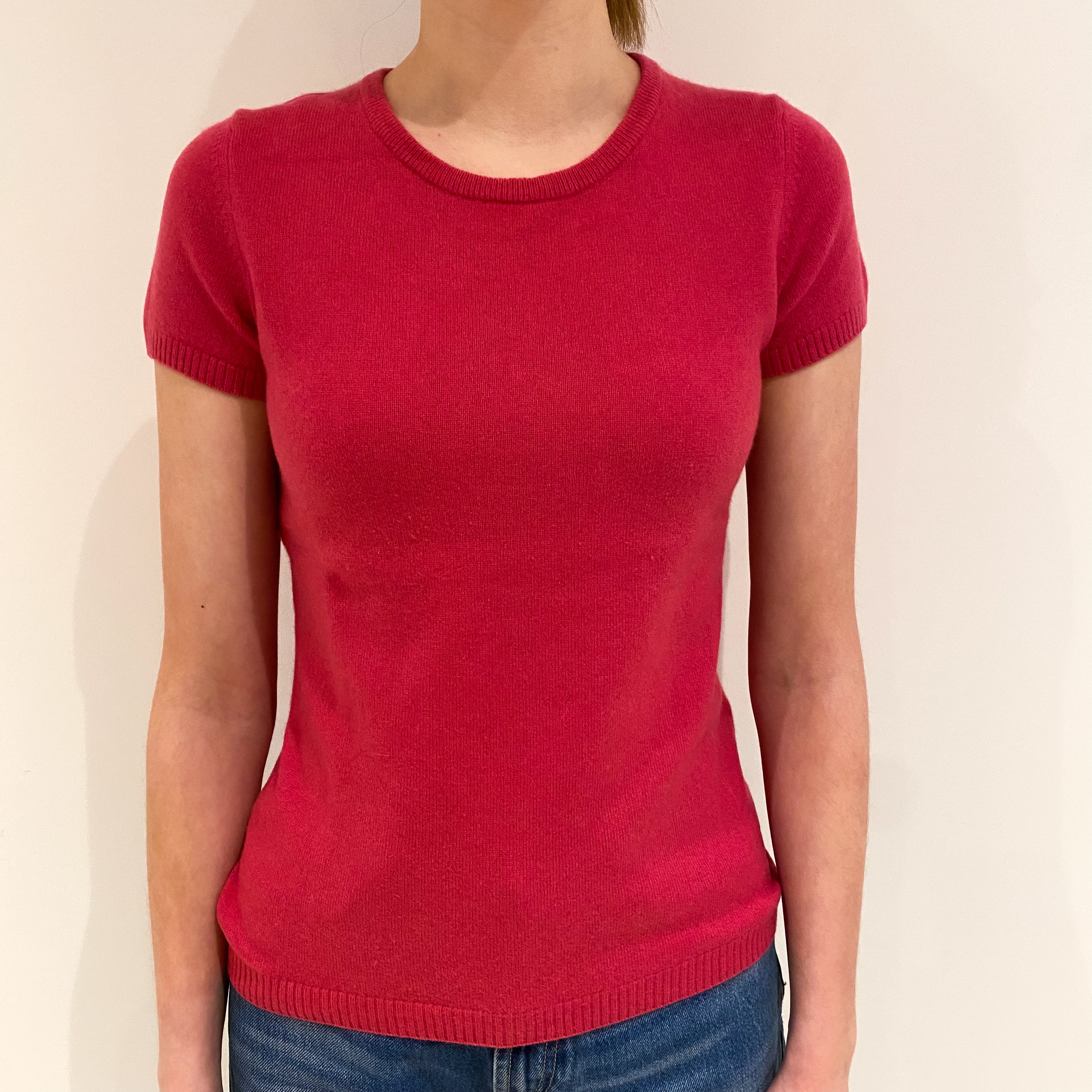 Raspberry Pink Cashmere Short Sleeve Crew Neck Jumper Extra Small