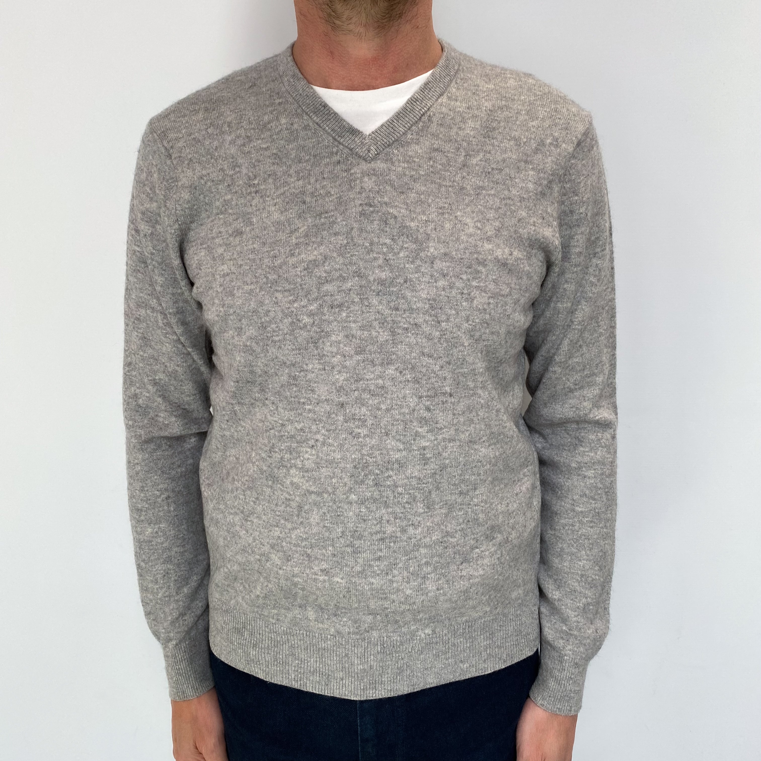 Men's Smoke Grey Cashmere V Neck Jumper Small