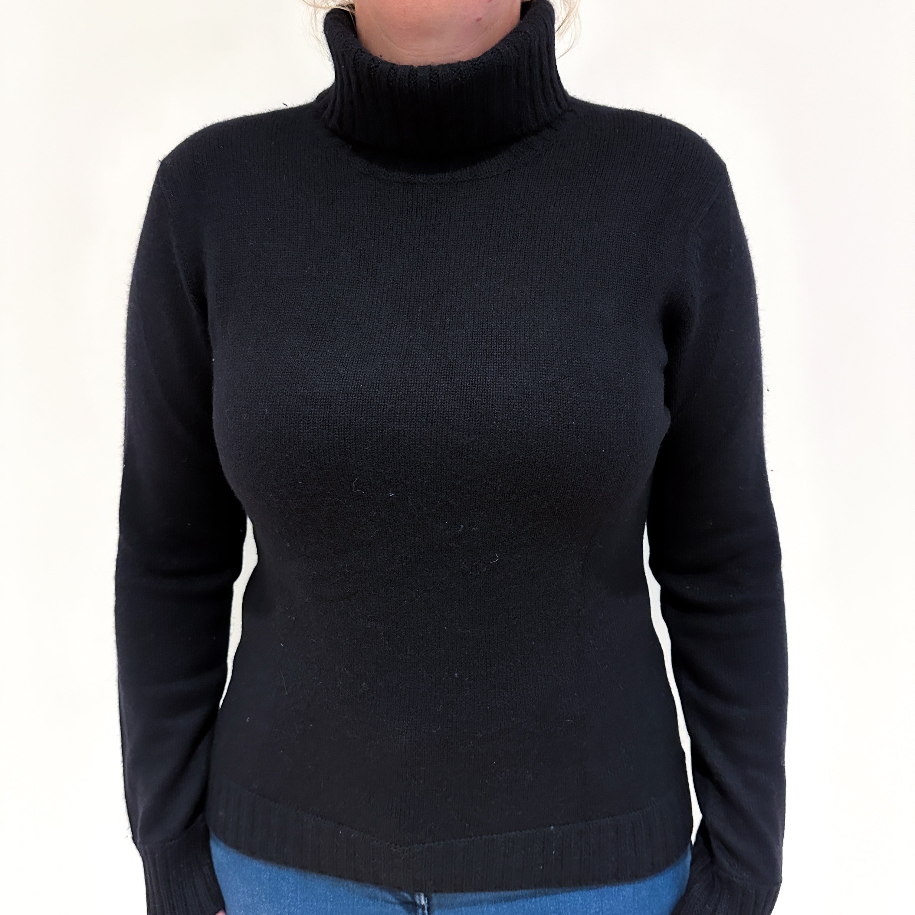 Black Heavy Knit Cashmere Polo Neck Jumper Large