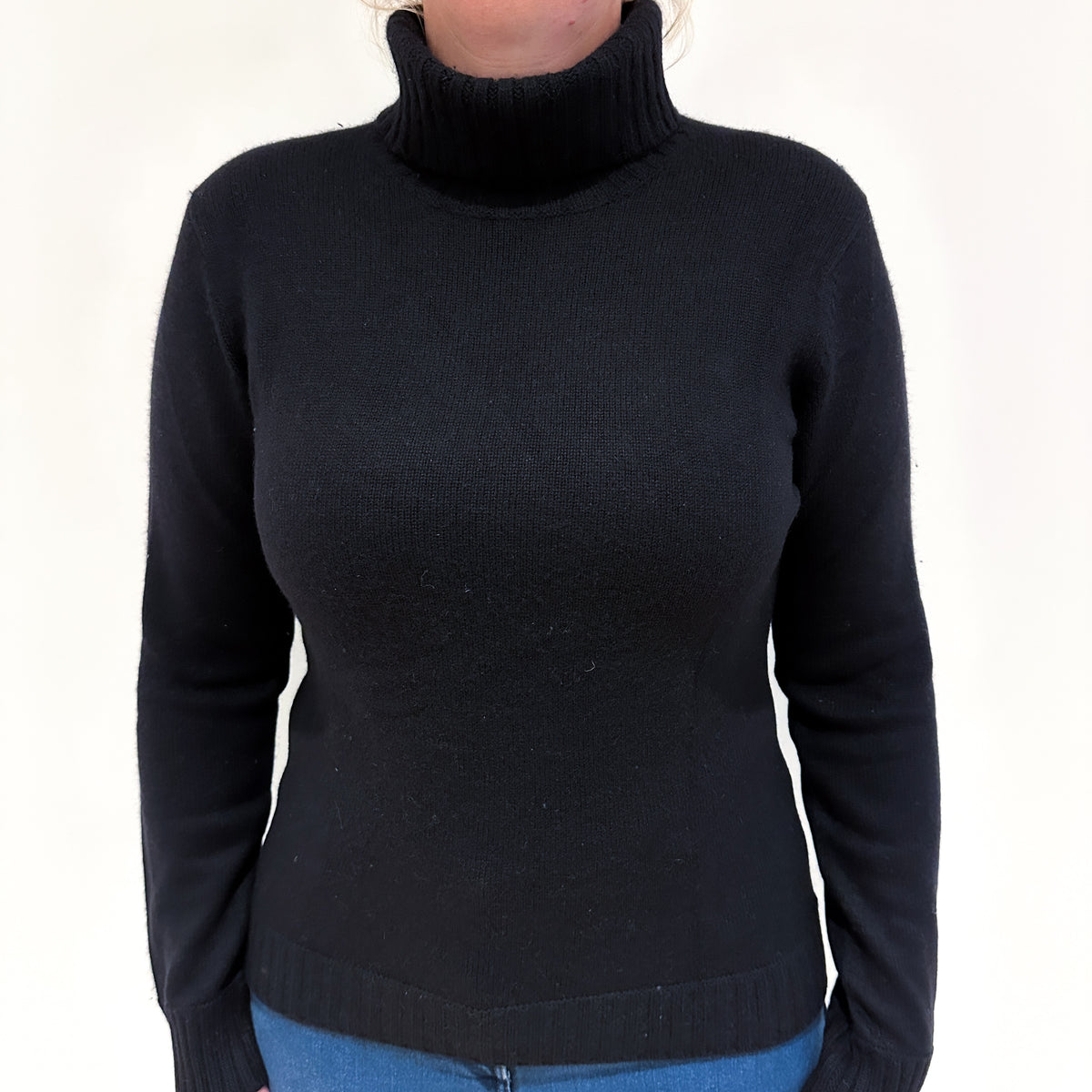 Black Heavy Knit Cashmere Polo Neck Jumper Large