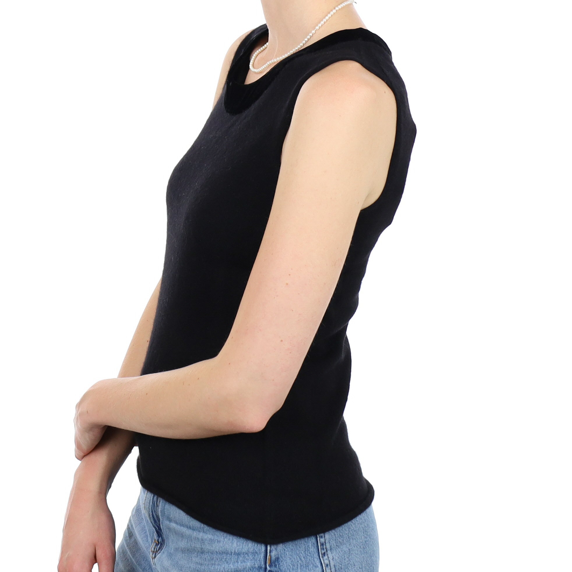 New Black Velvet Trimmed Cashmere Sleeveless Jumper Small
