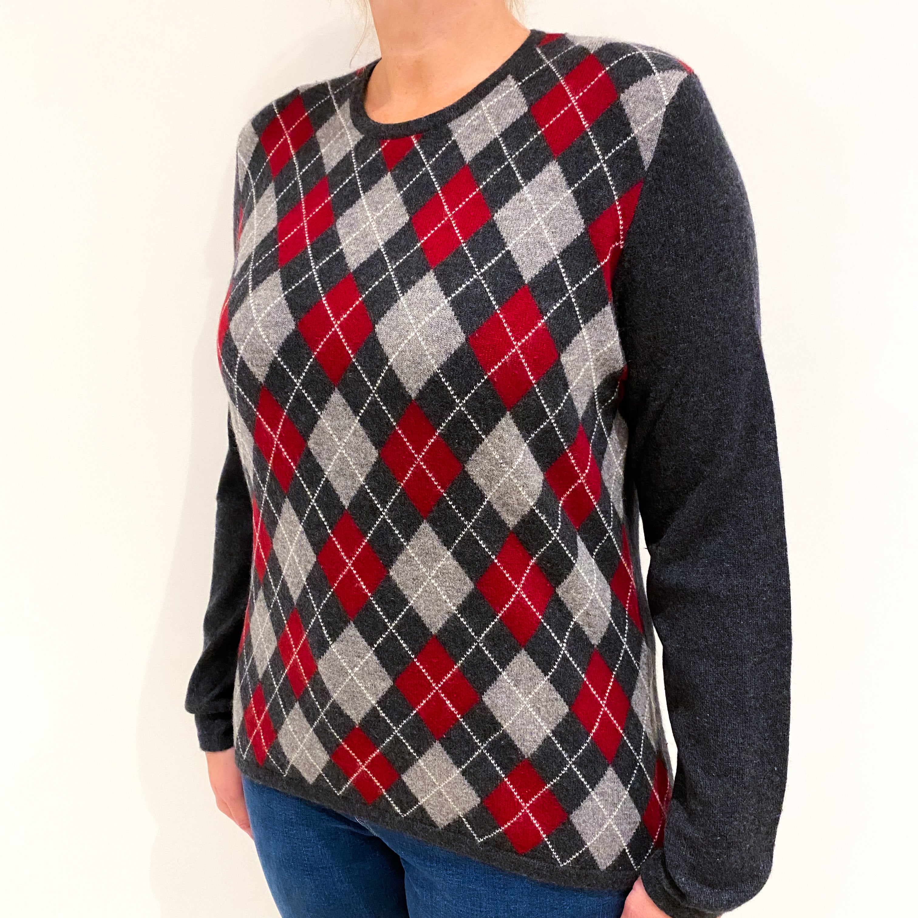 Charcoal Grey Red Argyle Cashmere Crew Neck Jumper Large