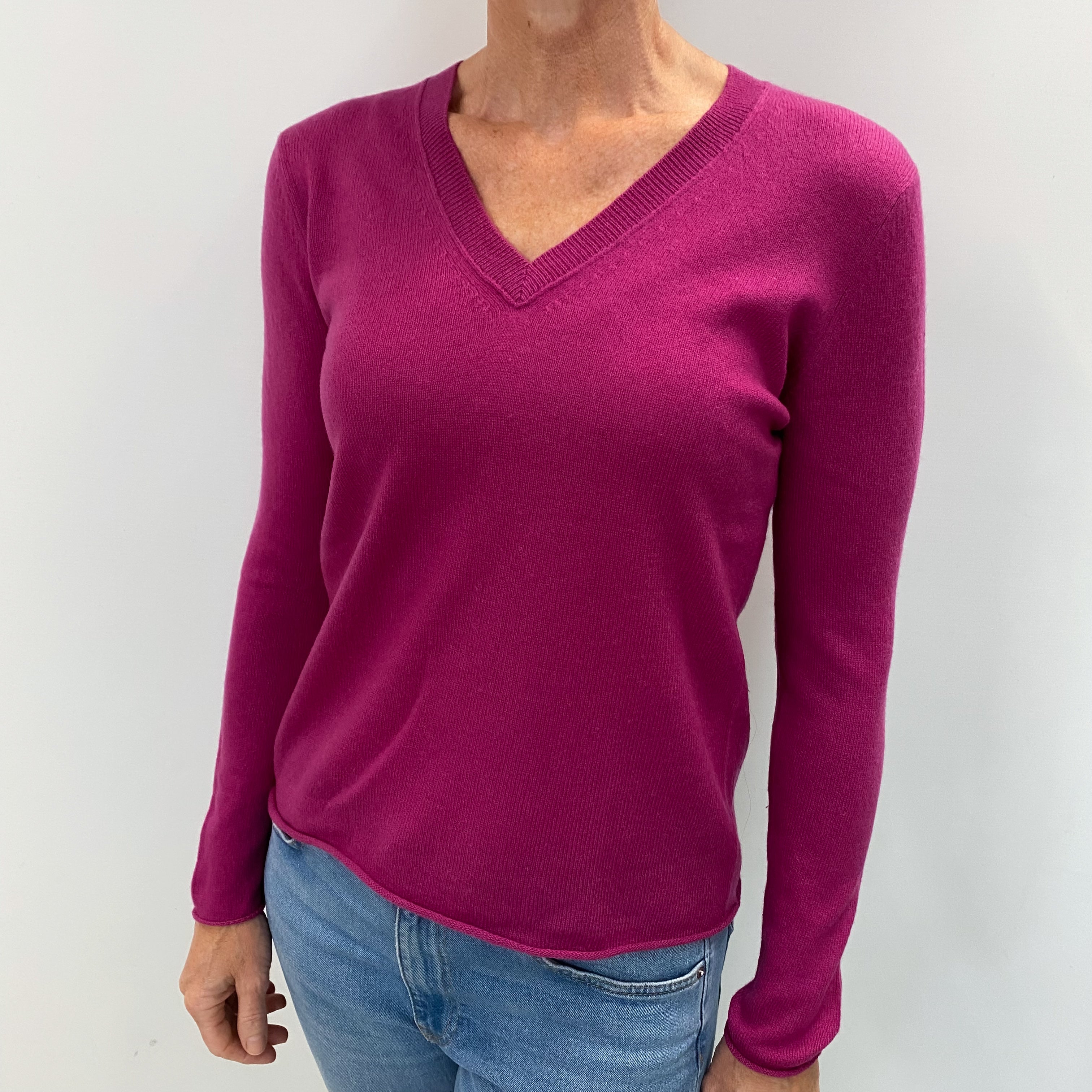 Magenta Pink Cashmere V Neck Jumper Small