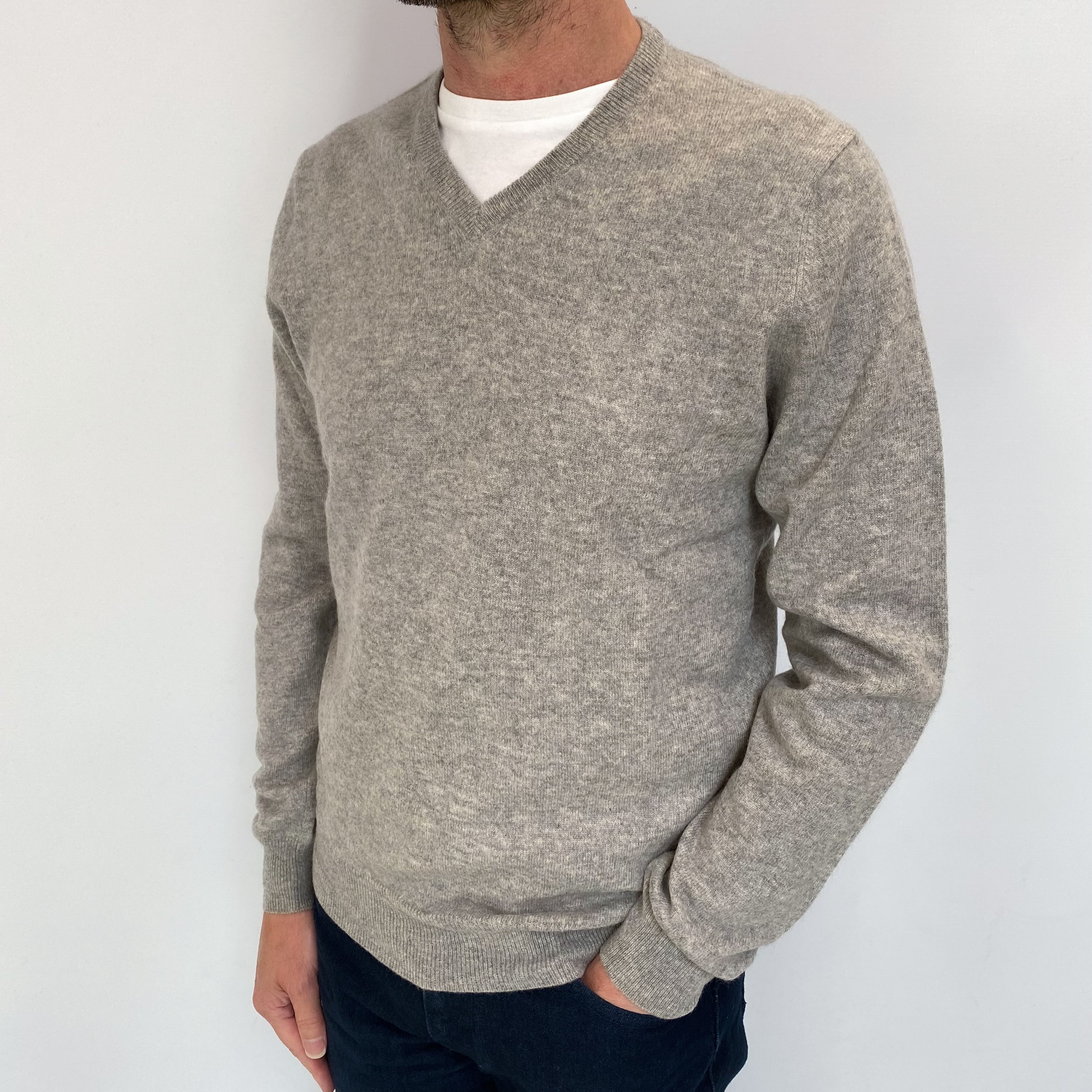Men's Smoke Grey Cashmere V Neck Jumper Small
