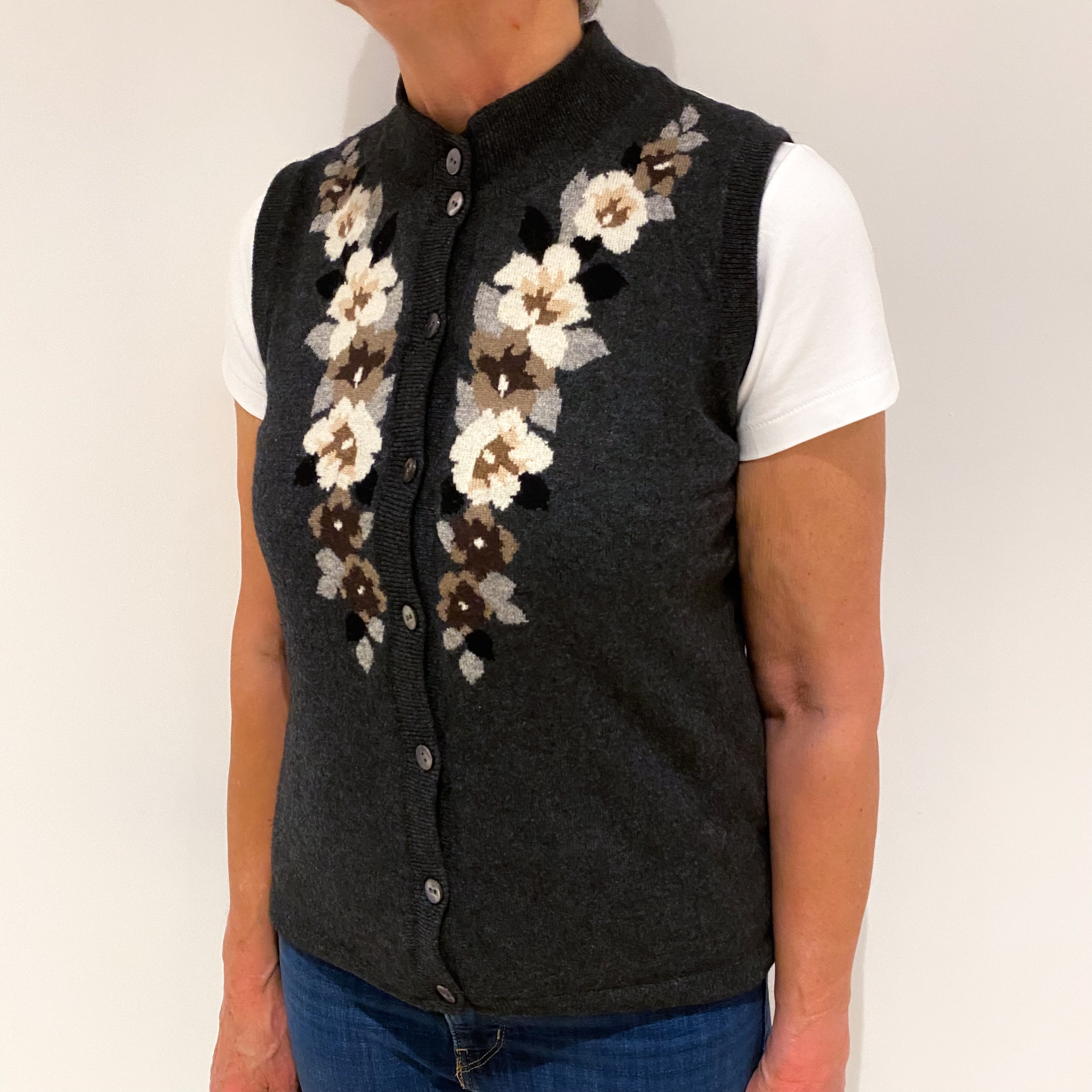 Slate Grey and Black Cashmere Crew Neck Cardigan Medium