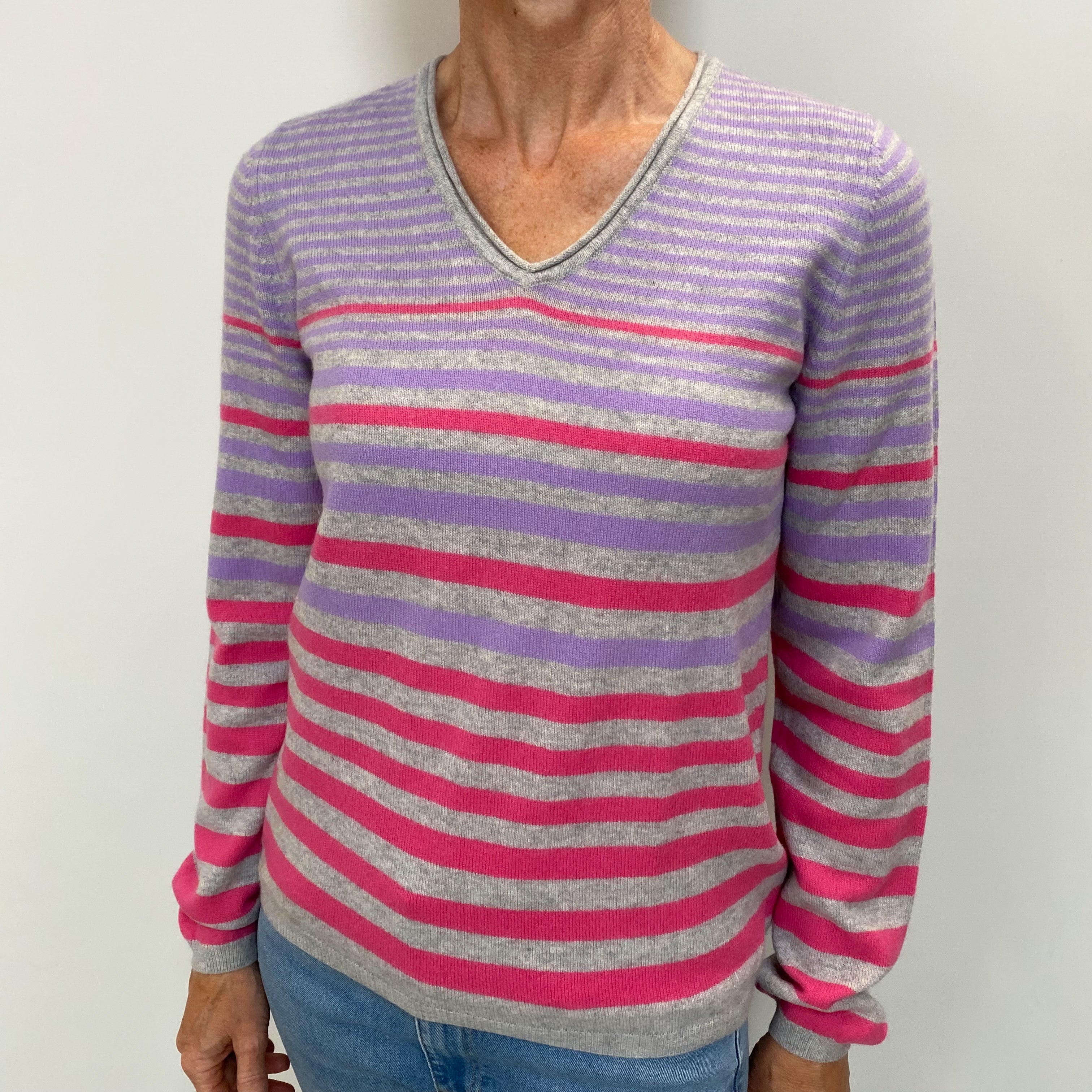 Purple Pink Striped Cashmere V Neck Jumper Small