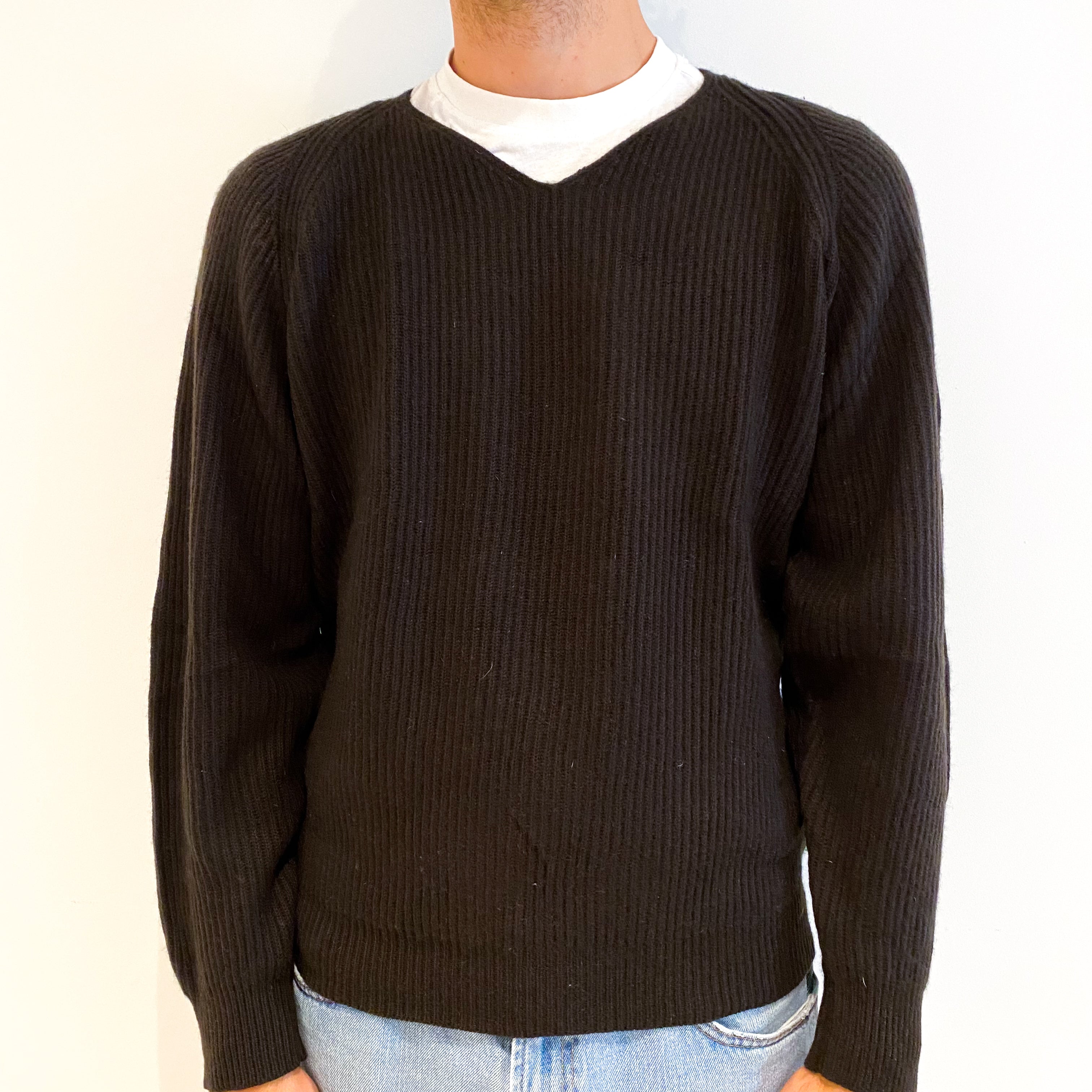 Men's Black Chunky Rib Cashmere V-Neck Jumper Large