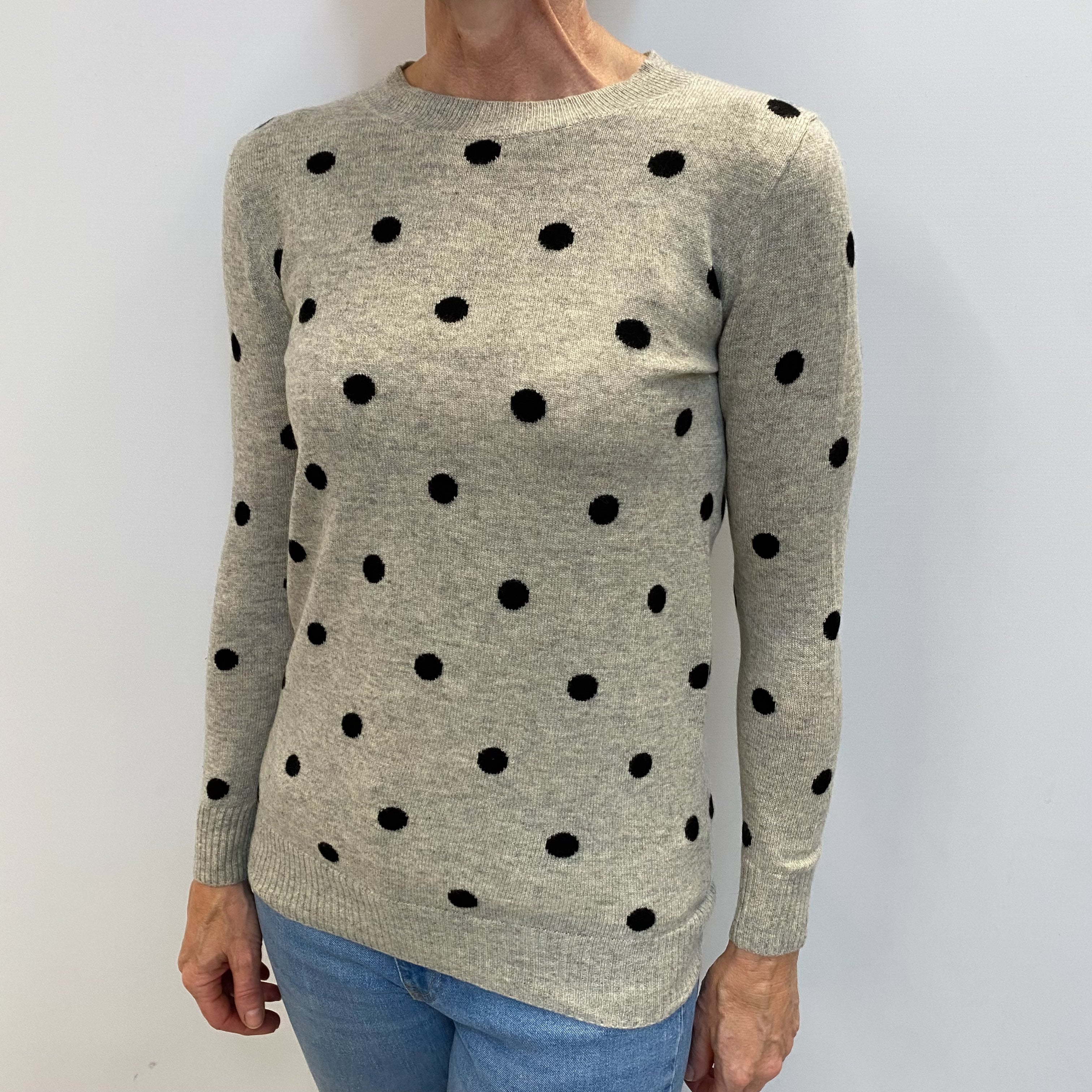 Smoke Grey Polka Dot Cashmere Crew Neck Jumper Small