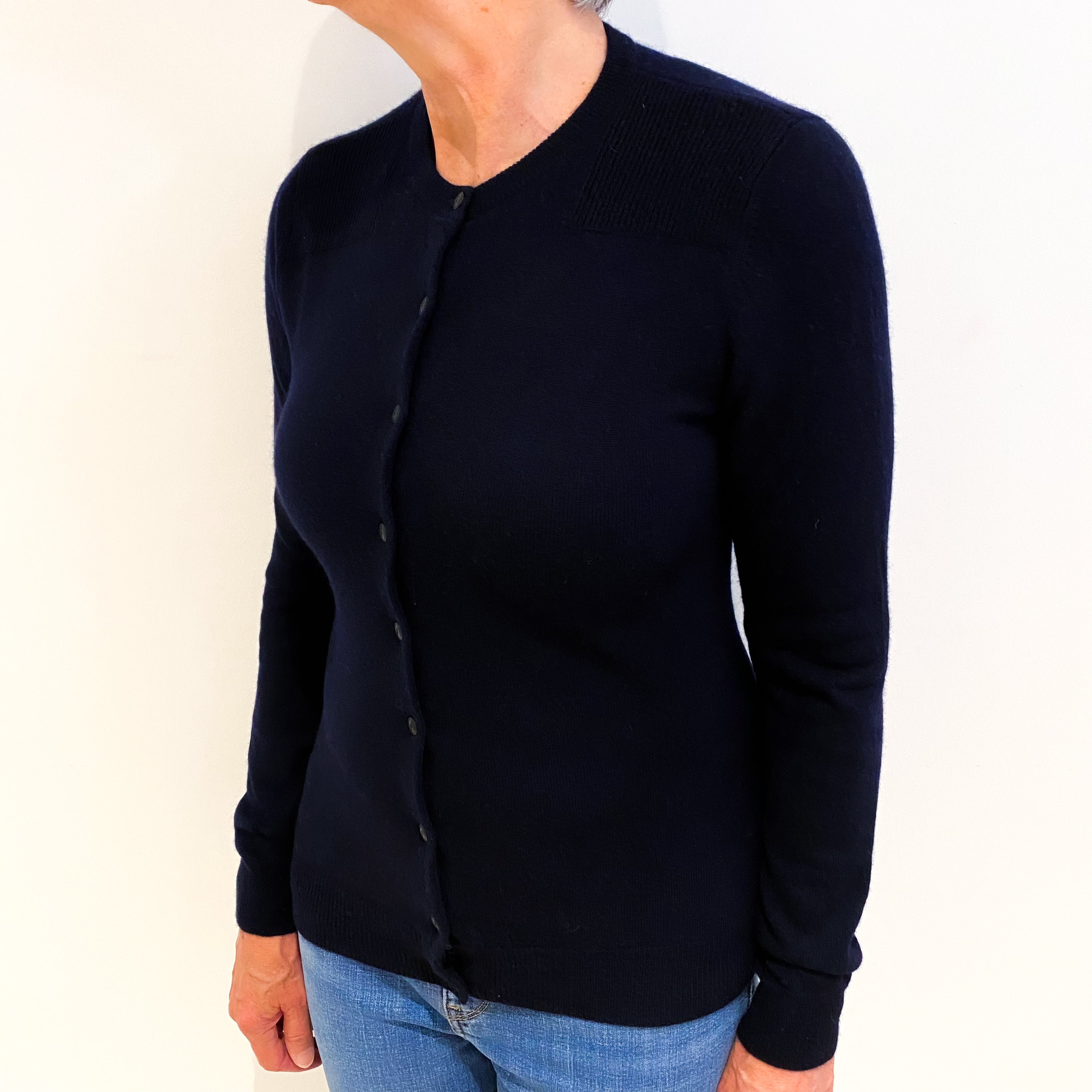Navy Blue Cashmere Crew Neck Cardigan Medium