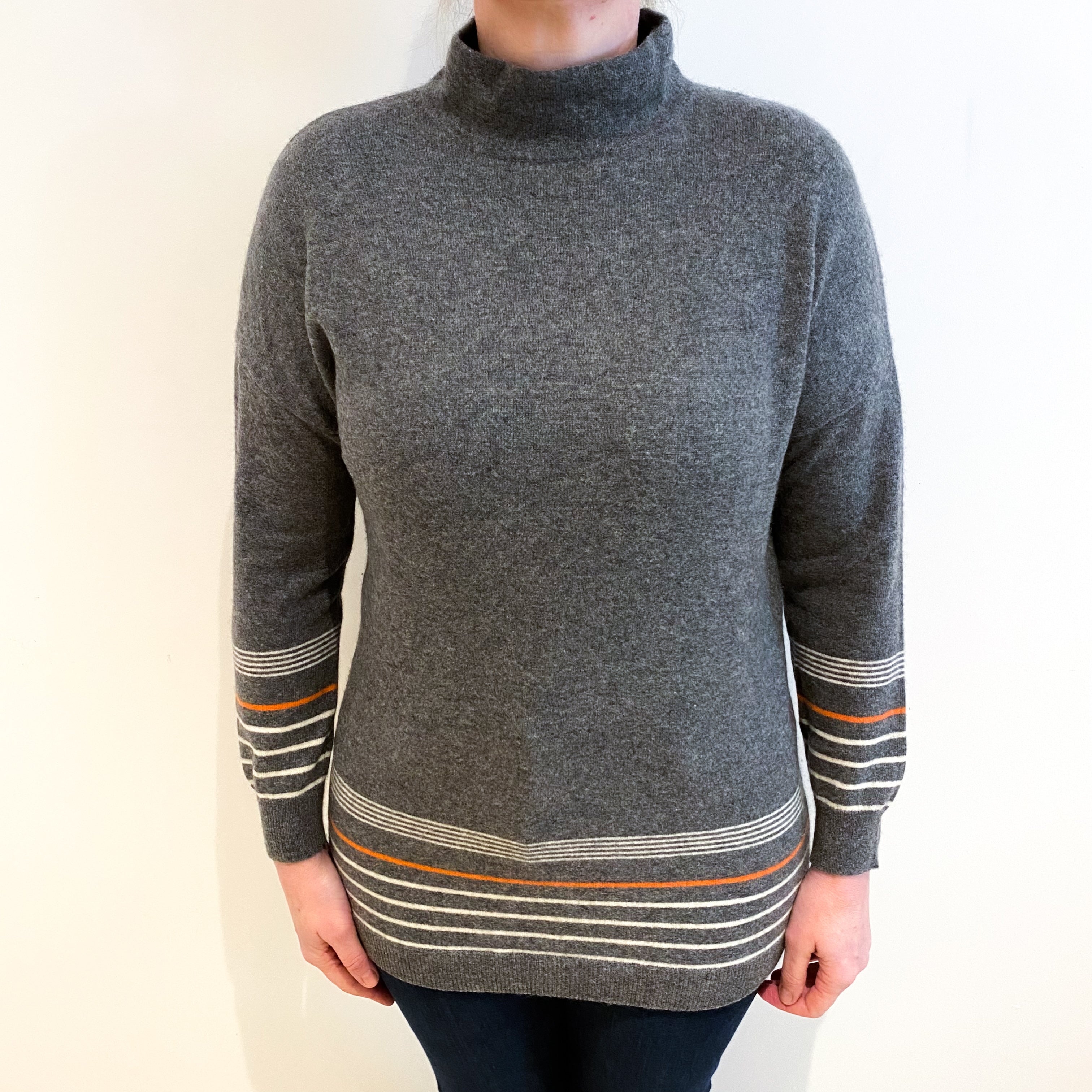 Slate Grey Cashmere Stripe Trim Turtle Neck Jumper Large