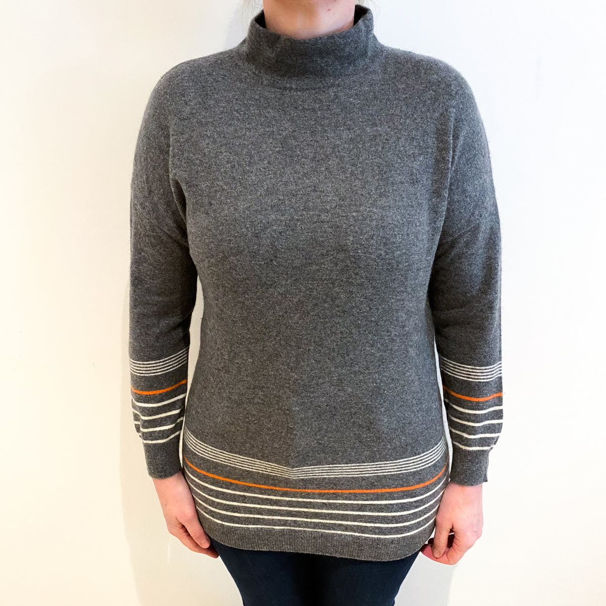 Slate Grey Cashmere Stripe Trim Turtle Neck Jumper Large